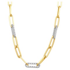 14 Karat Tone White and Yellow Gold Pave Round Diamond Paperclip Link Necklace