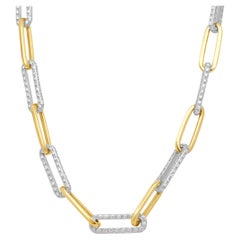 14 Karat Two-Tone White and Yellow Gold Pave Round Diamond Paperclip Link Neckla