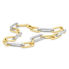 14 Karat Two-Tone White and Yellow Gold Round Diamond Paperclip Link Bracelet