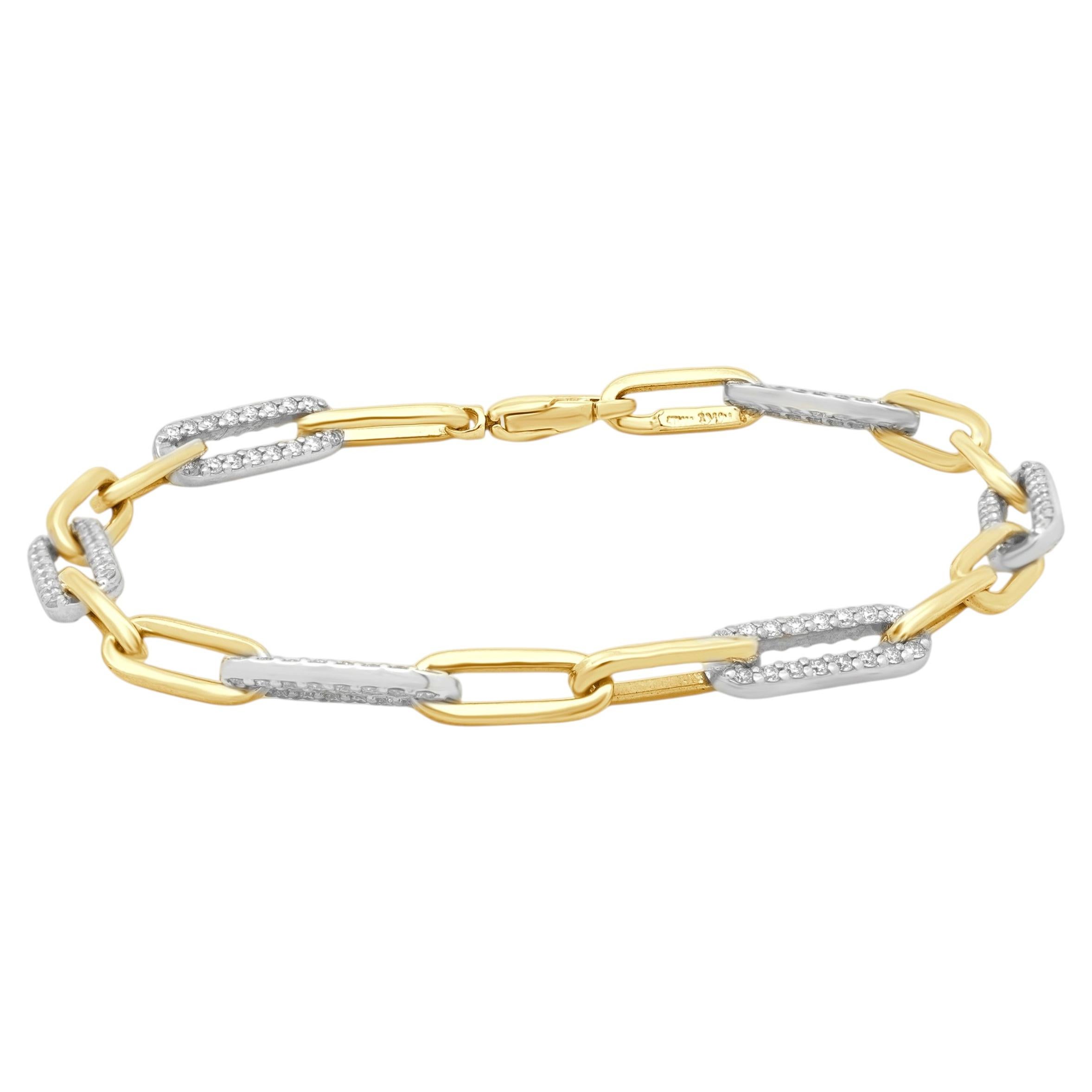 14 Karat Two-Tone White and Yellow Gold Round Diamond Paperclip Link Bracelet