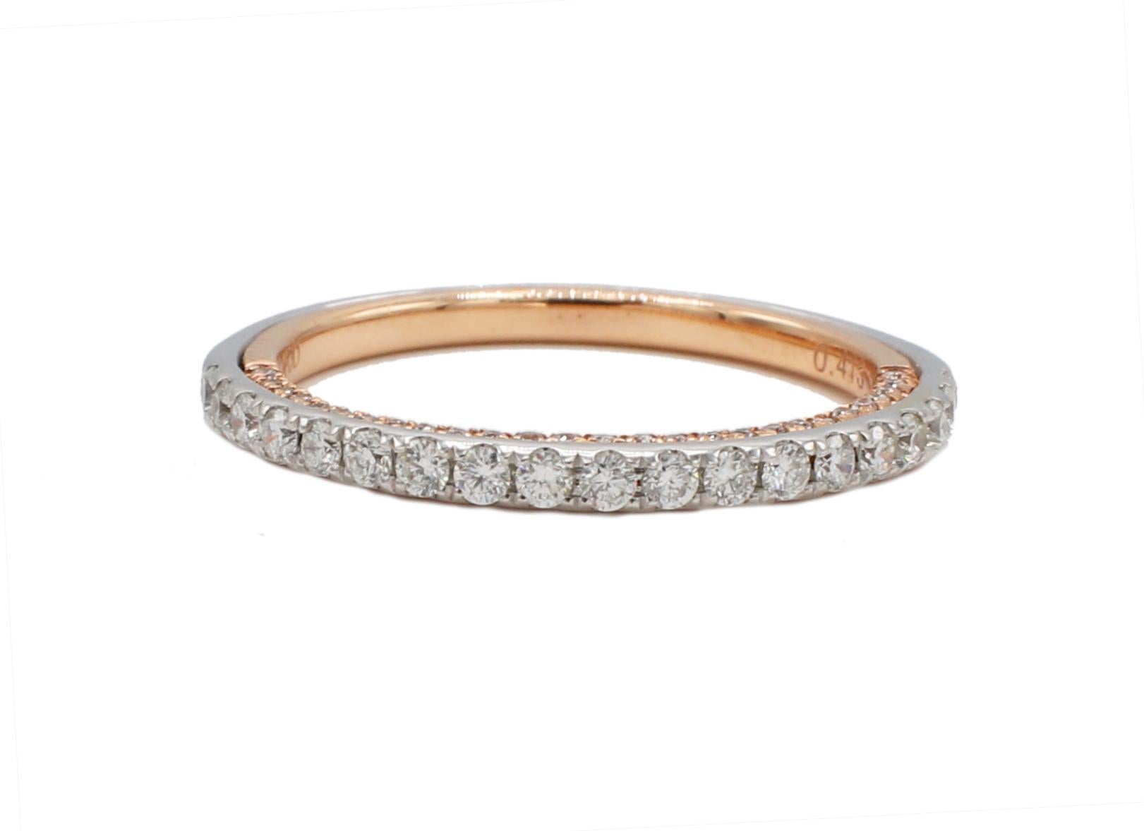 Modern 14 Karat Two-Tone White & Rose Gold .41 CTW Diamond Thin Stackable Band Ring For Sale
