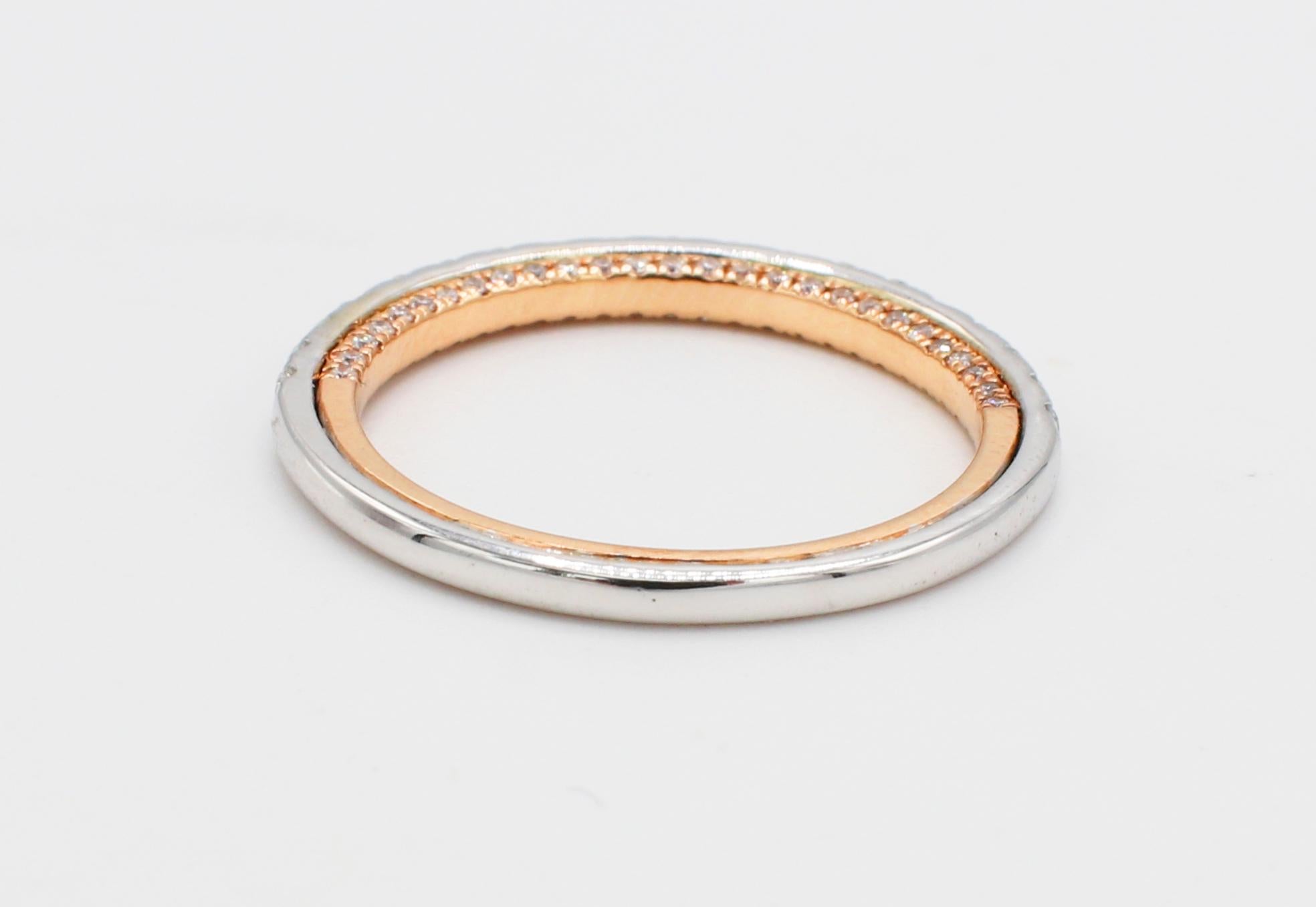 Round Cut 14 Karat Two-Tone White & Rose Gold .41 CTW Diamond Thin Stackable Band Ring For Sale