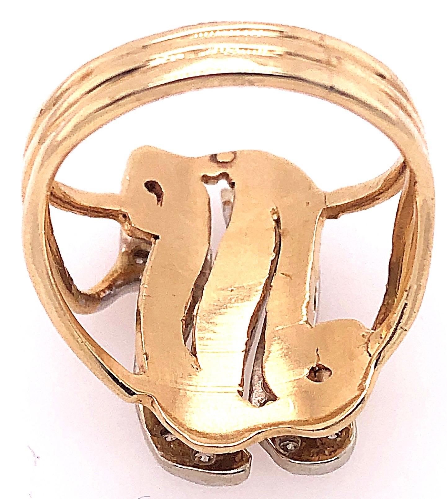 Women's or Men's 14 Karat Two-Tone Yellow and Gold Diamond Initial N Ring For Sale