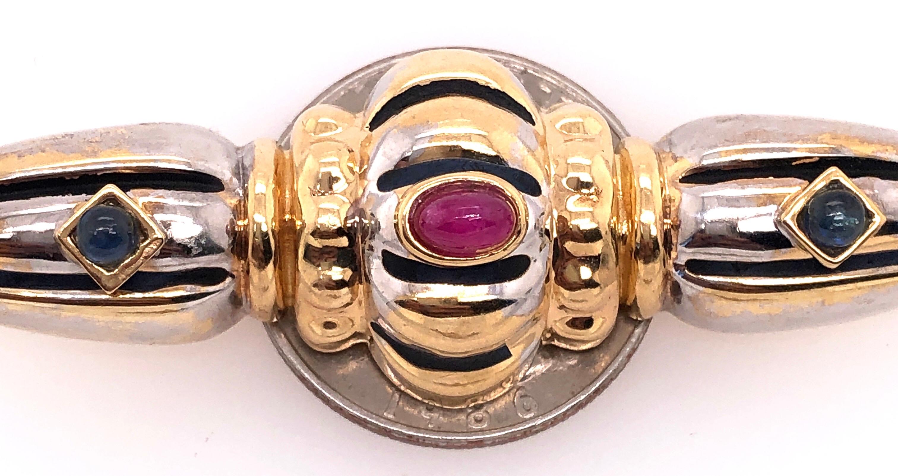 14 Karat Two-Tone Yellow and White Gold Brooch with Ruby and Sapphire Cabochon For Sale 5