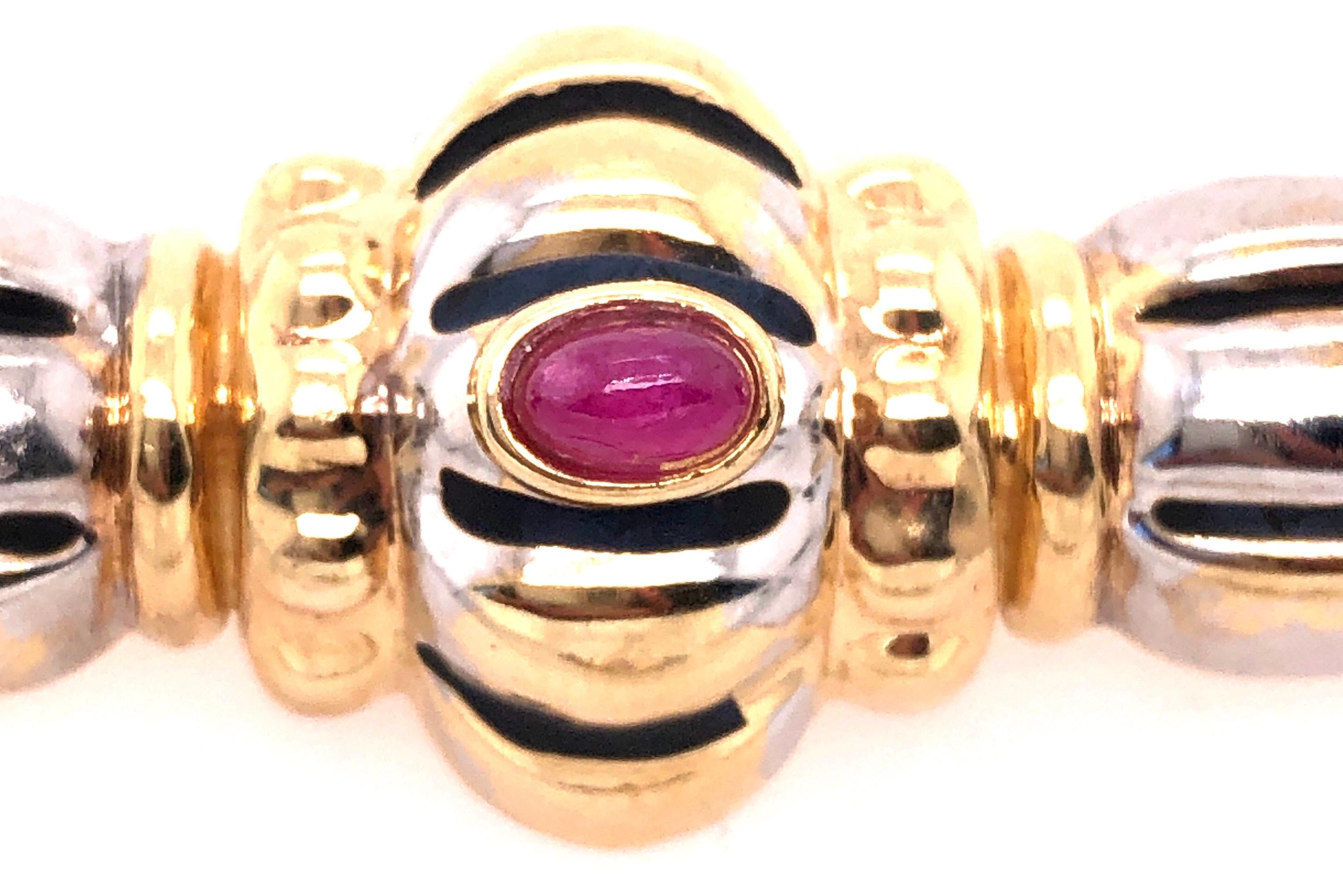 Women's or Men's 14 Karat Two-Tone Yellow and White Gold Brooch with Ruby and Sapphire Cabochon For Sale