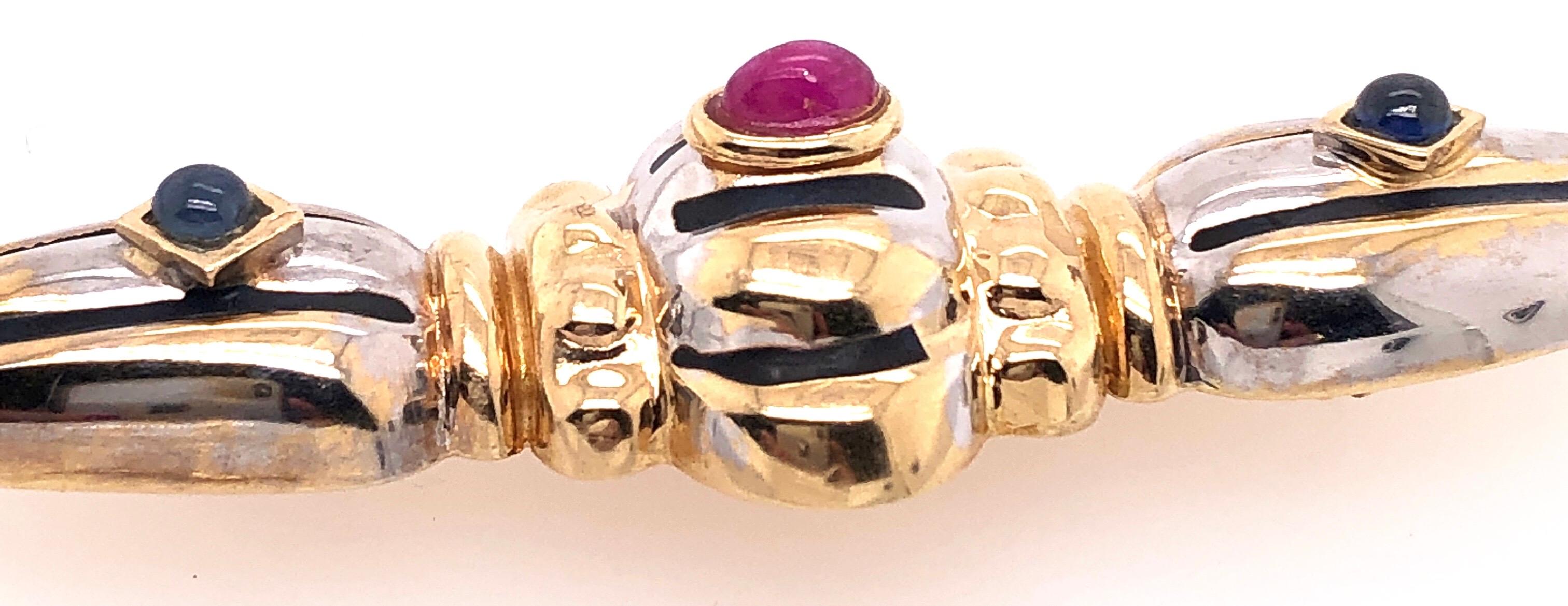 14 Karat Two-Tone Yellow and White Gold Brooch with Ruby and Sapphire Cabochon For Sale 3