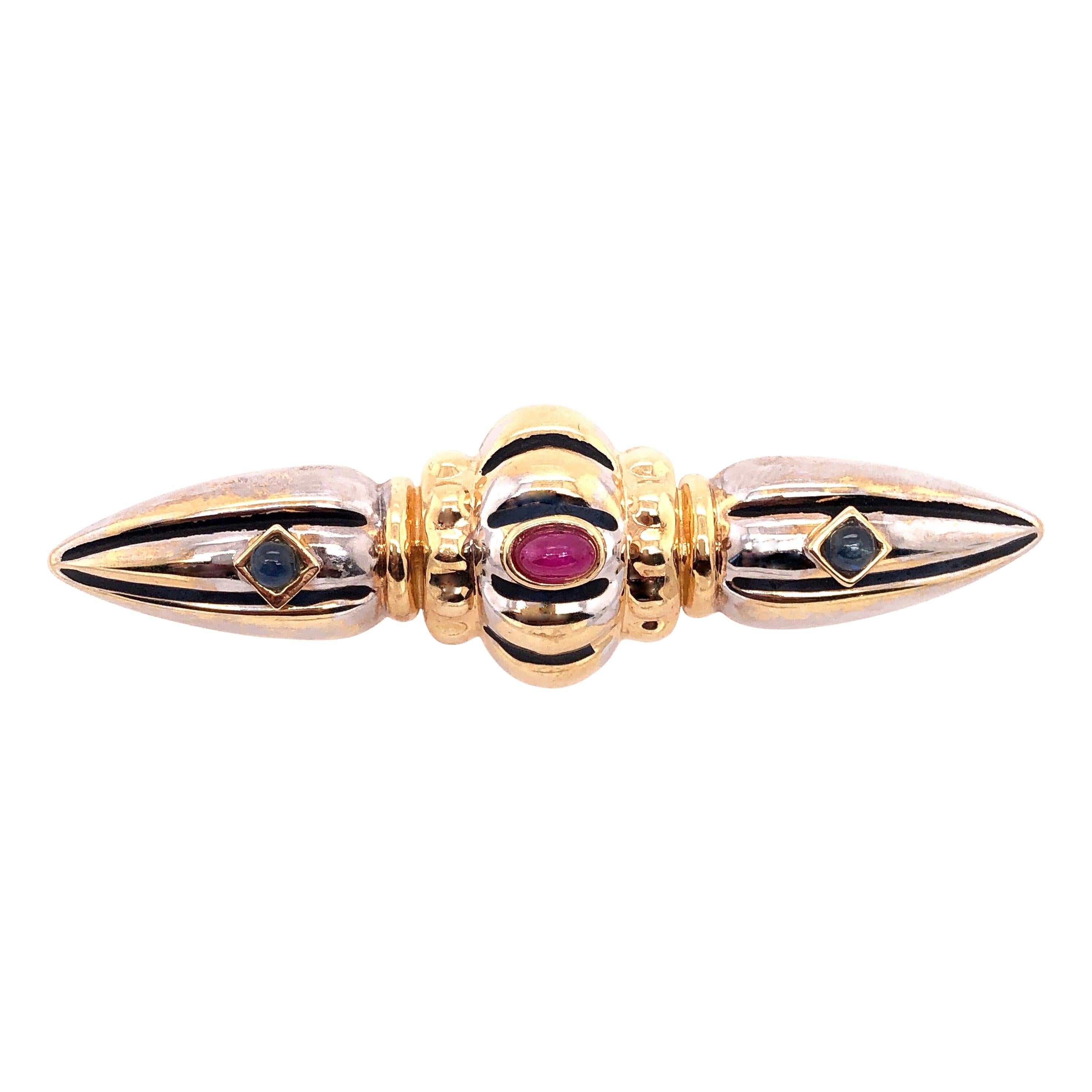 14 Karat Two-Tone Yellow and White Gold Brooch with Ruby and Sapphire Cabochon For Sale