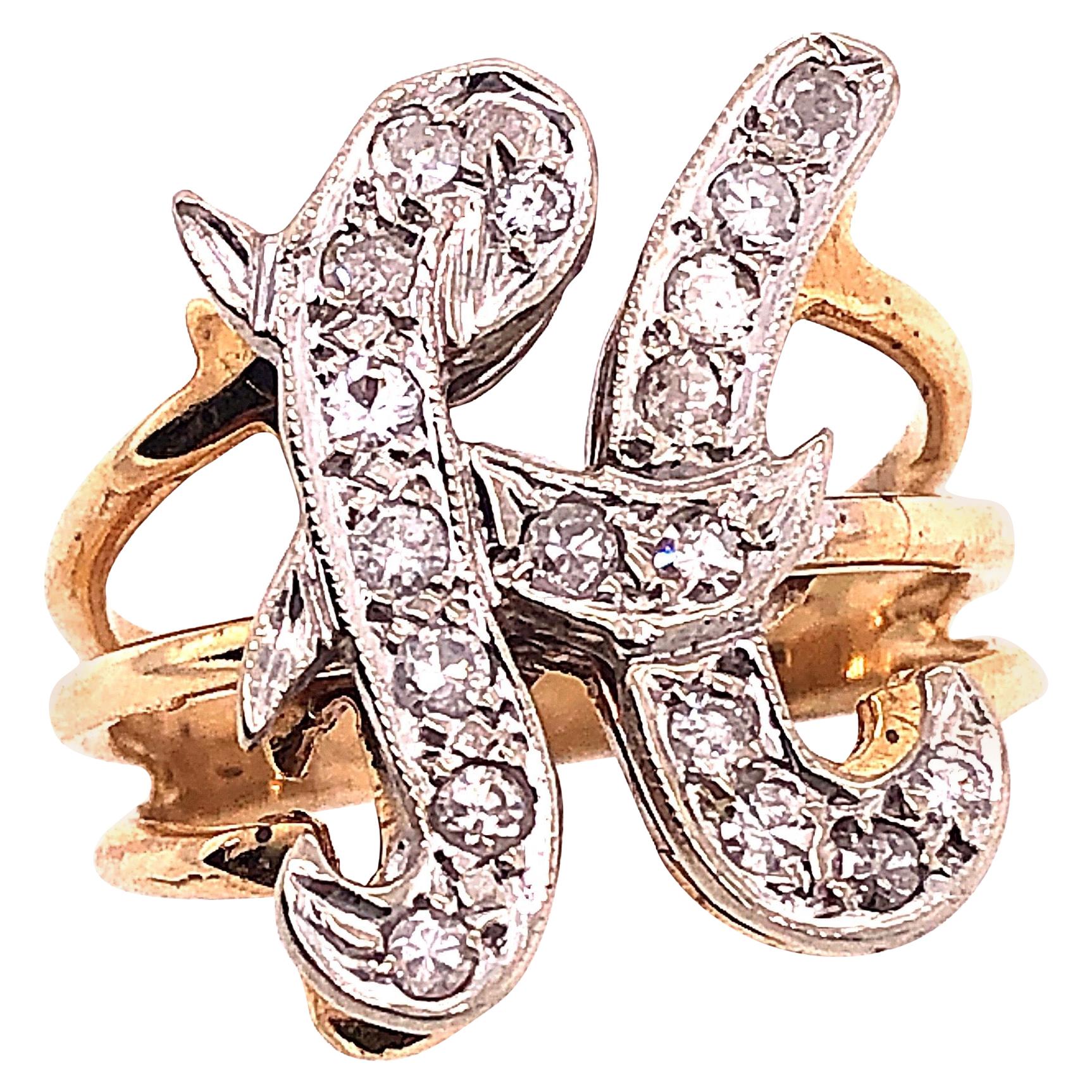 14 Karat Two-Tone Yellow and White Gold Diamond Initial H Ring For Sale