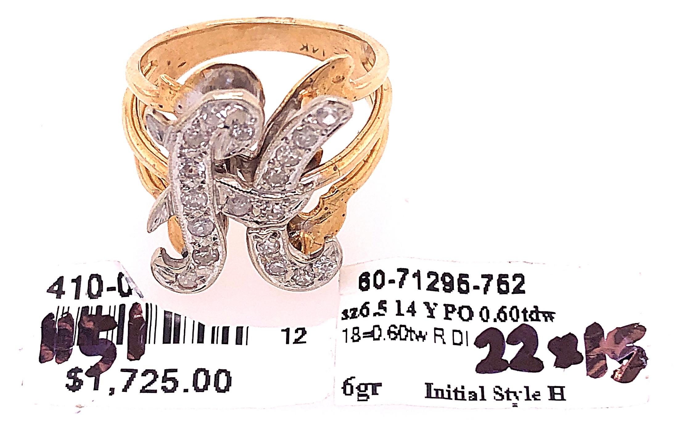 14 Karat Two-Tone Yellow and White Gold Diamond Initial H Ring For Sale 1