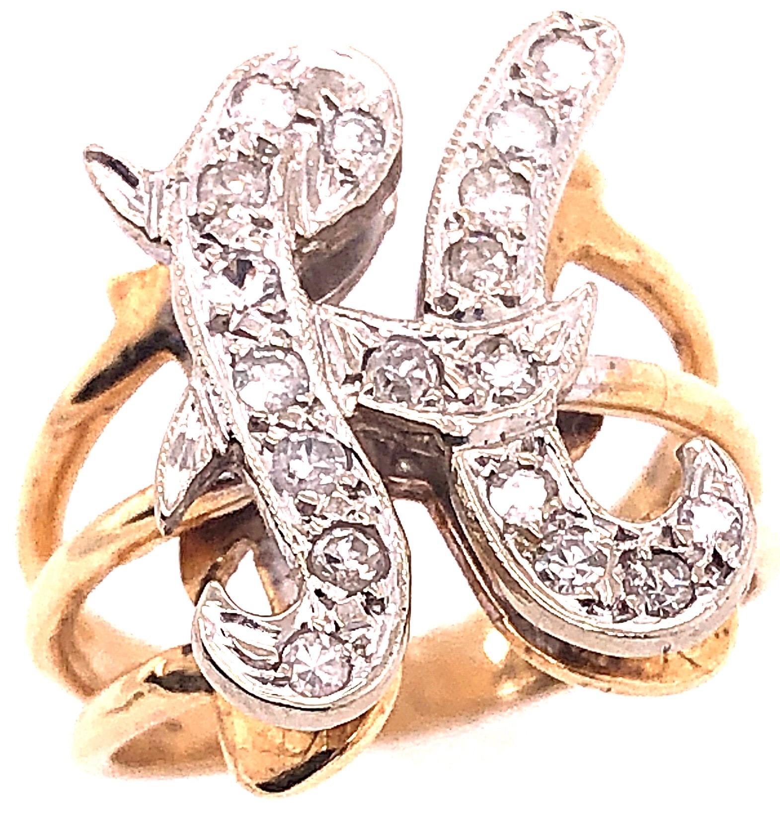 14 Karat Two Tone Yellow and White Gold Diamond Initial H Ring
18 round diamonds with 0.60 total diamond weight.
Size 6.5
6 grams total weight.
Initial height: 22 mm width: 15 mm
