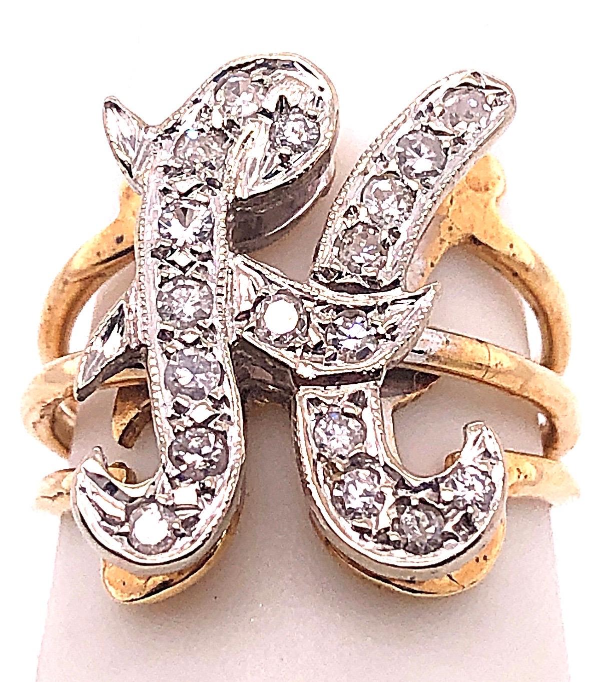 Modern 14 Karat Two-Tone Yellow and White Gold Diamond Initial H Ring For Sale