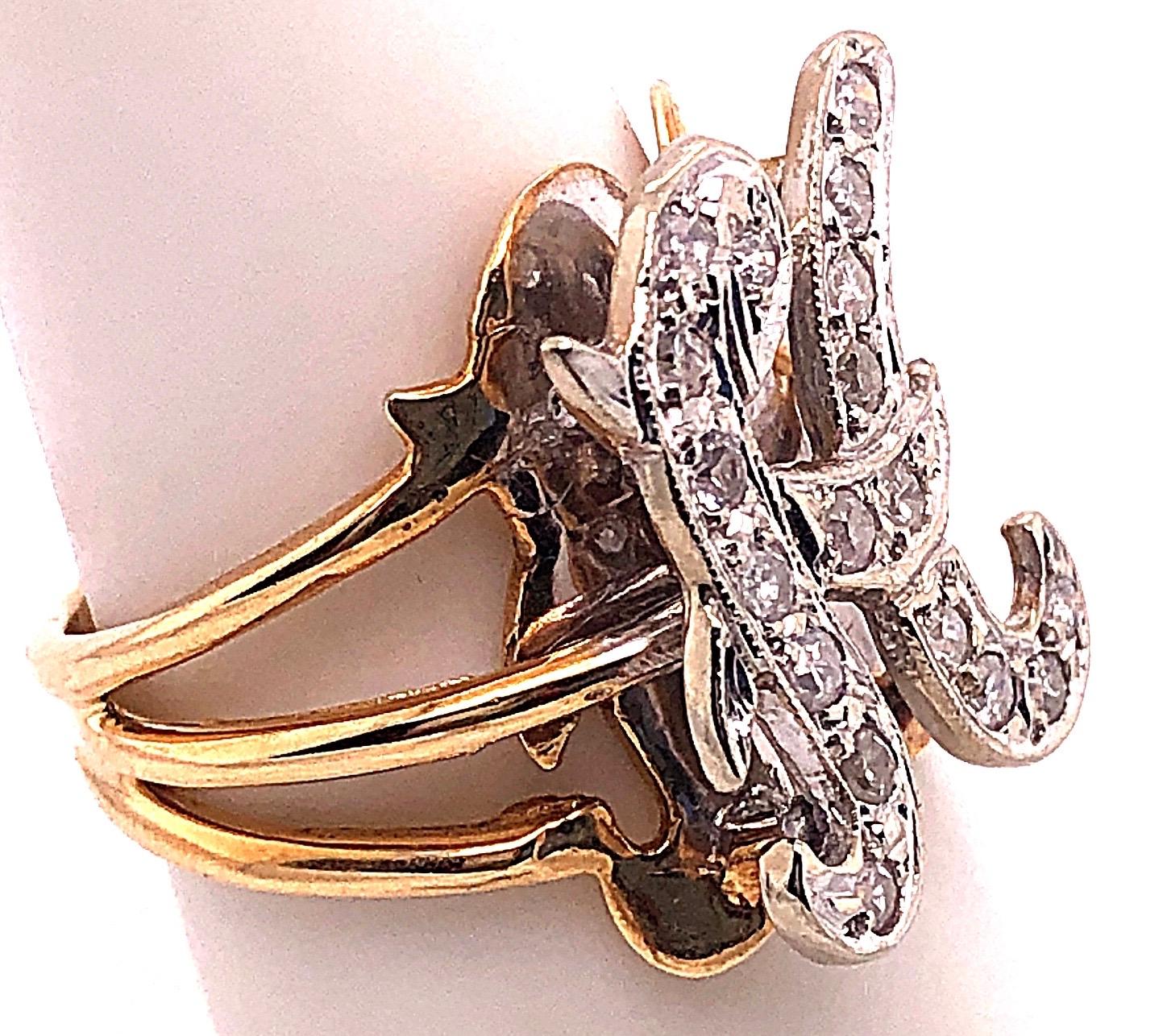 Round Cut 14 Karat Two-Tone Yellow and White Gold Diamond Initial H Ring For Sale