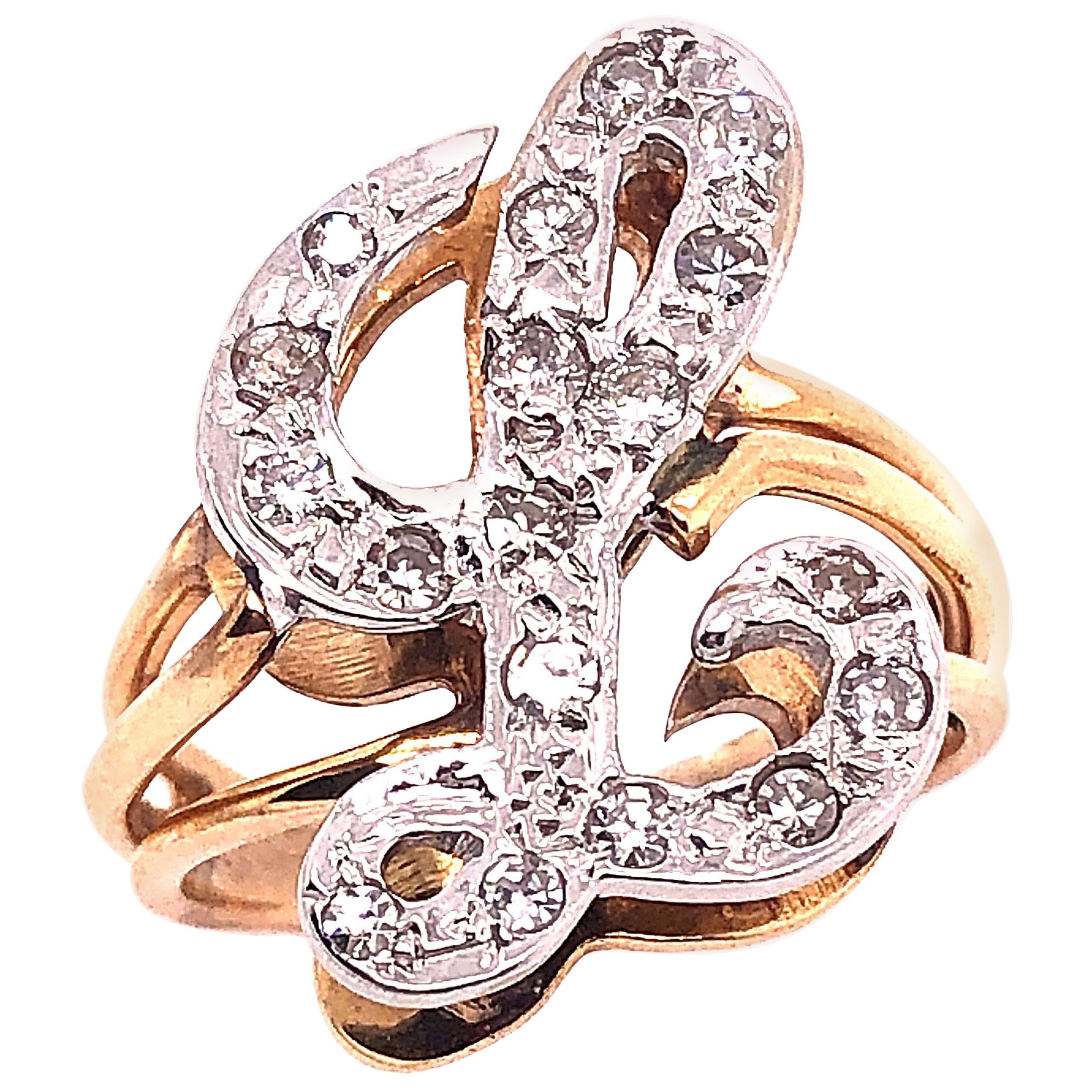 14 Karat Two-Tone Yellow and White Gold Diamond Initial L Ring