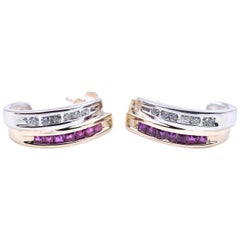14 Karat Two-Tone Yellow and White Gold Ruby and Diamond Half Hoops