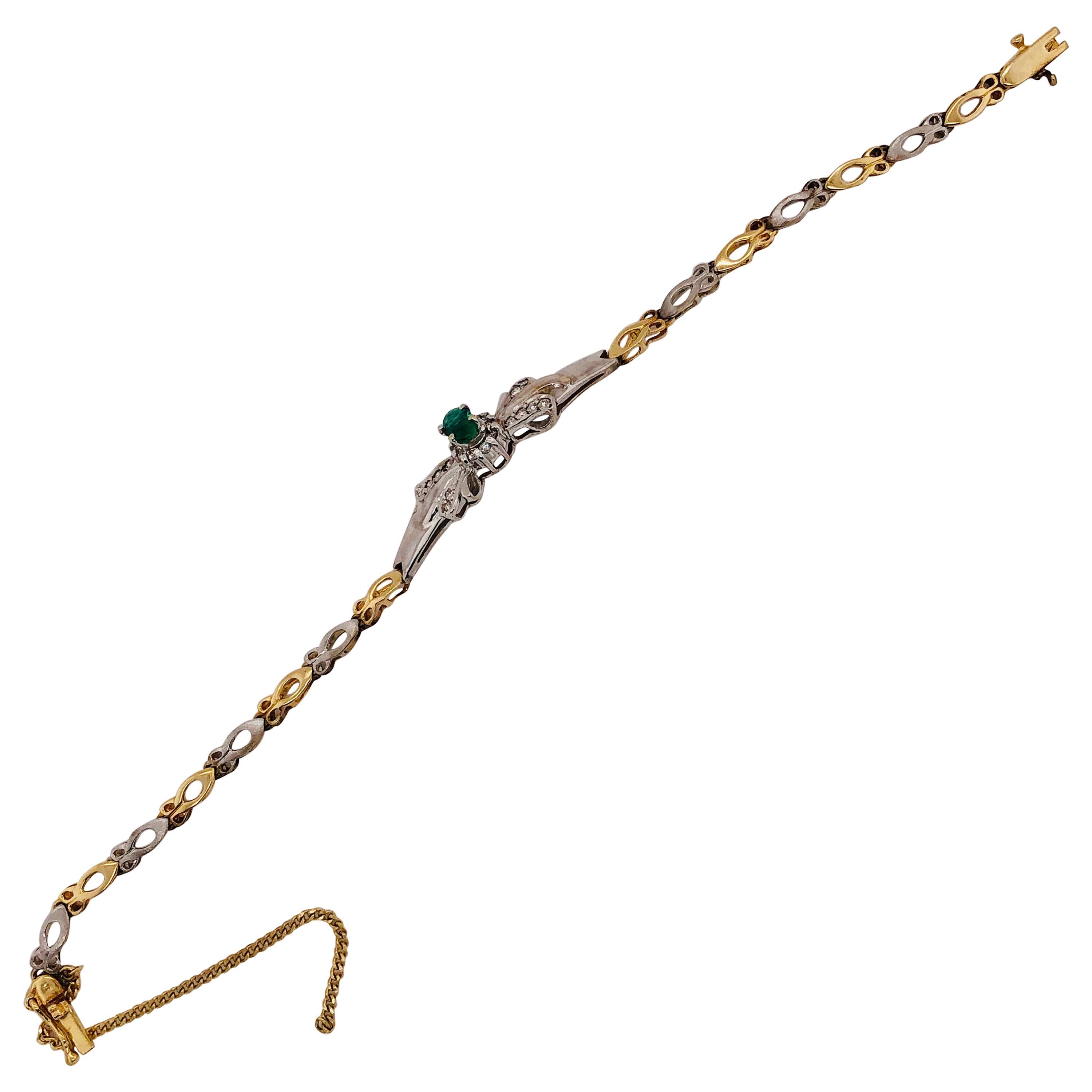 14 Karat Two-Toned Emerald Fancy Link Bracelet .66 Total Diamond Weight For Sale