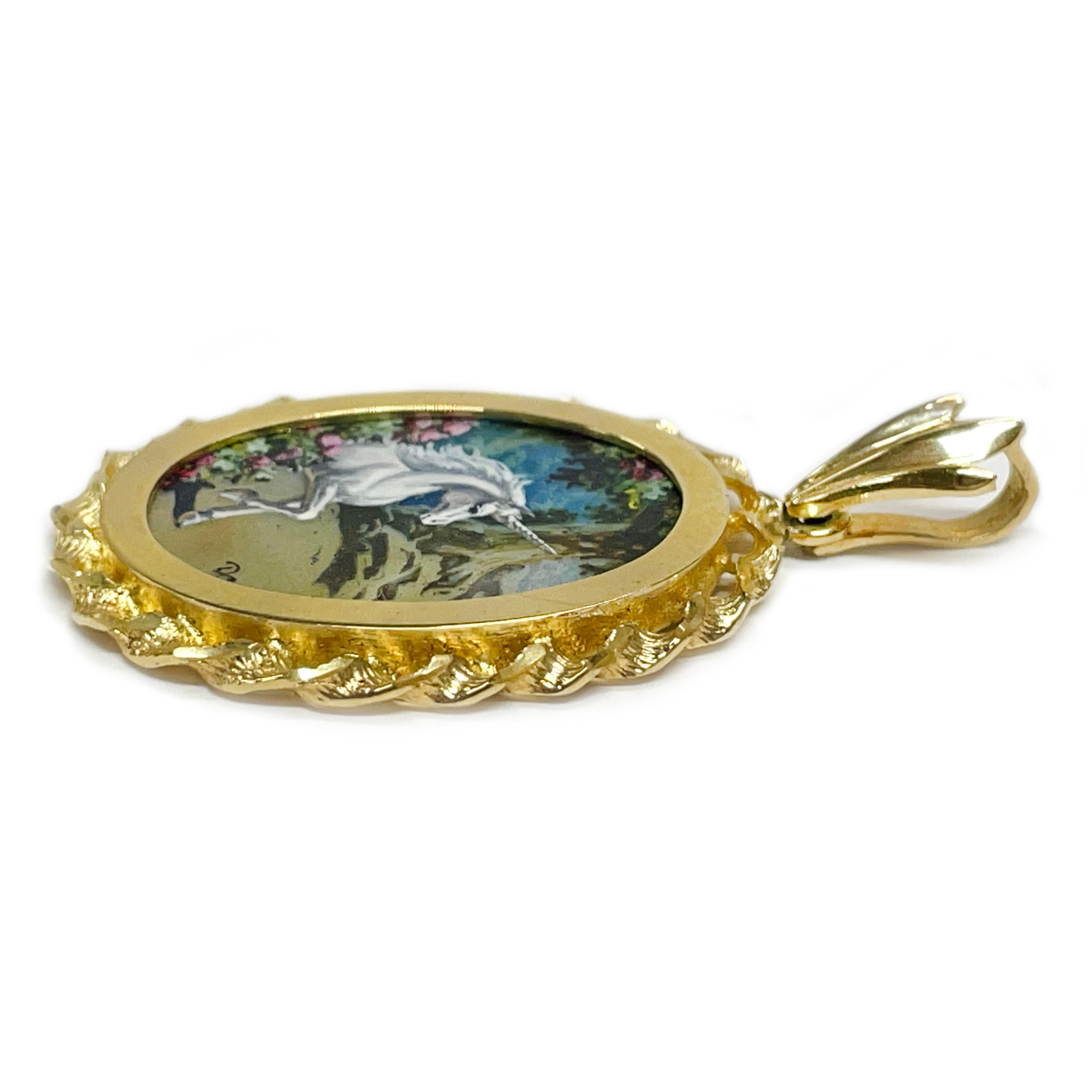 Contemporary 14 Karat Unicorn Masterpiece Hand Painted Mother-of-Pearl Pendant #0770 For Sale