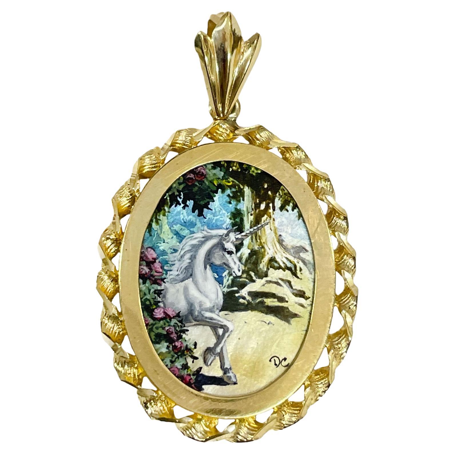 14 Karat Unicorn Masterpiece Hand Painted Mother-of-Pearl Pendant #0770 For Sale