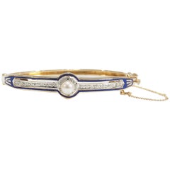 14 Karat Victorian Diamond Pearl Bangle Yellow Gold Blue Enamel