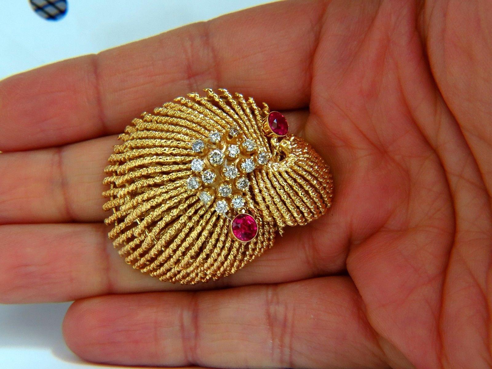 Round Cut 14 Karat Vintage 1.25 Carat Diamond 3D Mollusk Sea Shell Brooch Pin Barley Twist For Sale