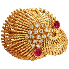 14 Karat Vintage 1.25Carat Diamond 3D Mollusk Sea Shell Brooch Pin Barley Twist*