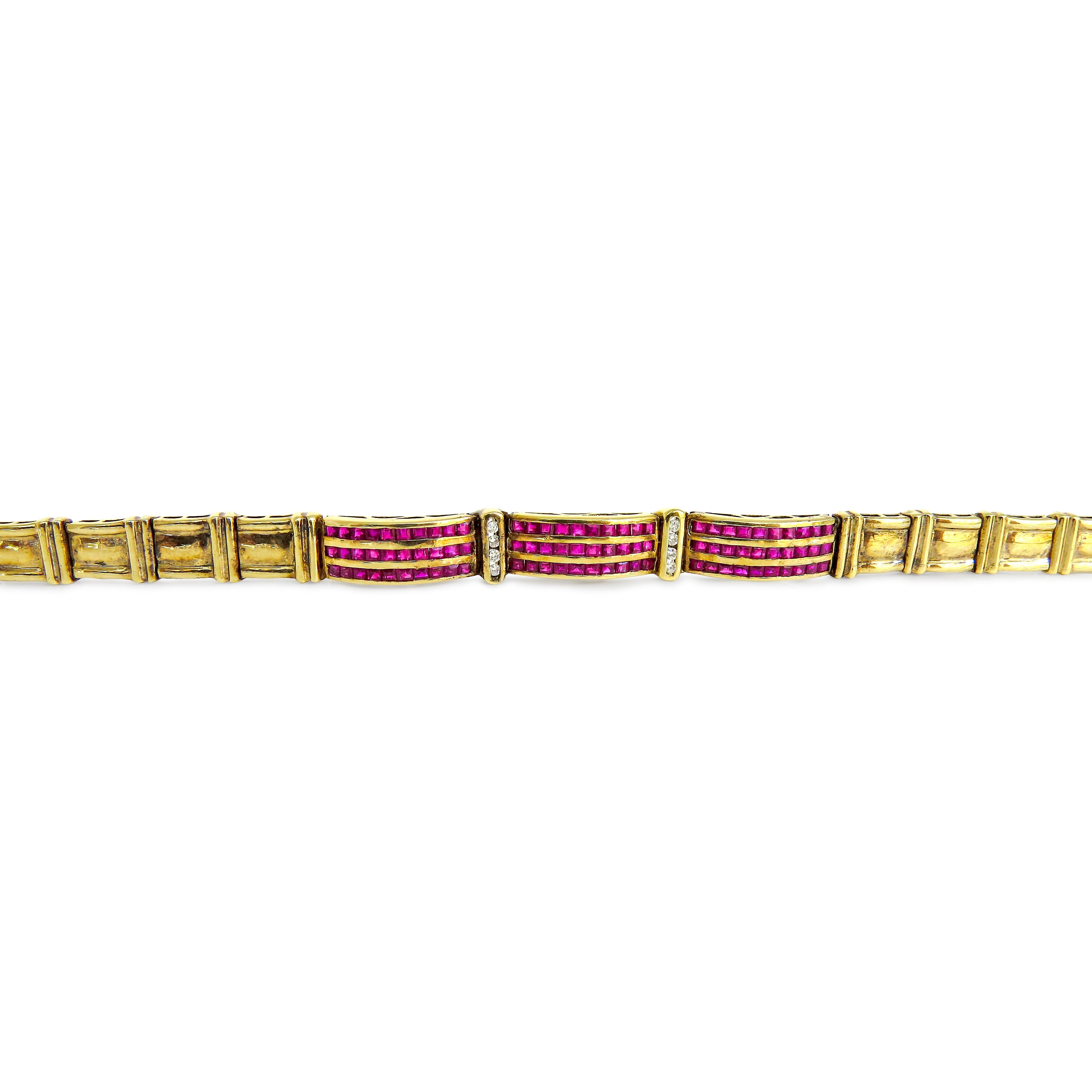 14K Yellow Gold 
Weight= 16.2gr 
Length= 8 Inches  
Diamond= 0.08 Ct total 
Ruby= 0.90 Ct total 
Year= 2000 
