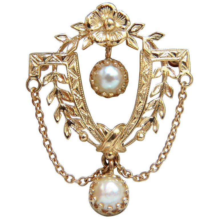 14 Karat Vintage Pearl Medallion Pendant Pin at 1stDibs
