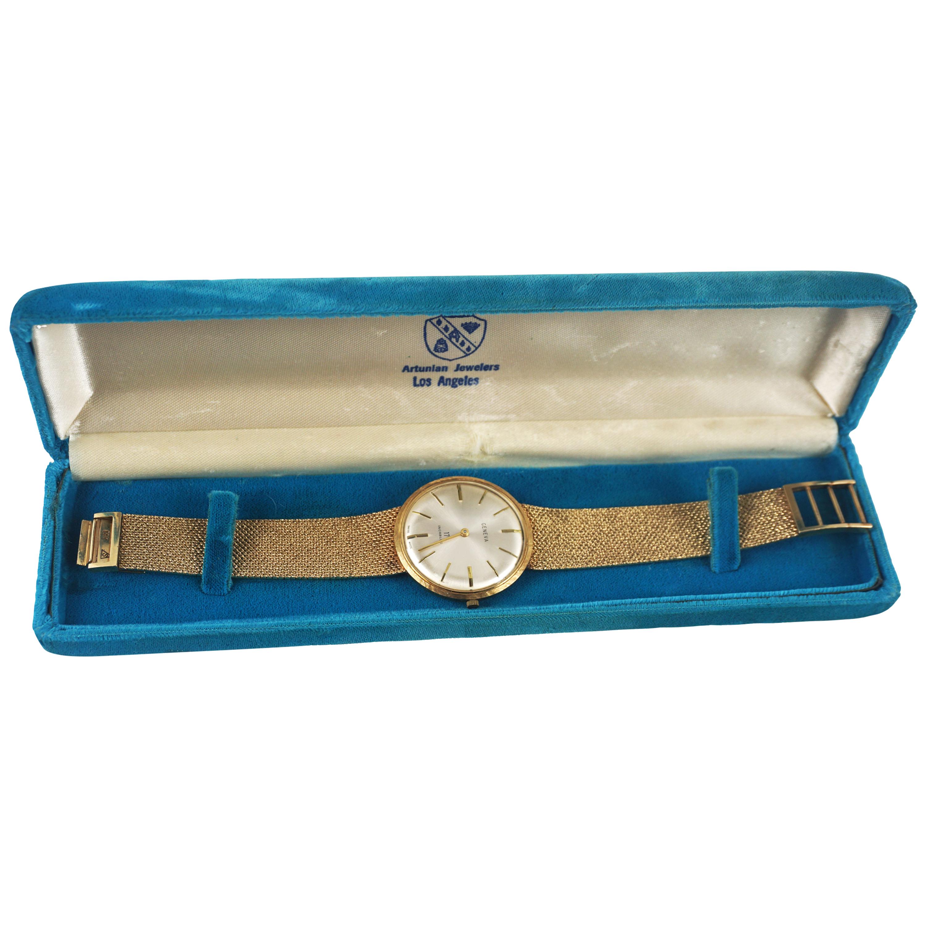 Mid Century Modern 14 Karat Vintage Yellow Gold Geneva Bracelet Watch