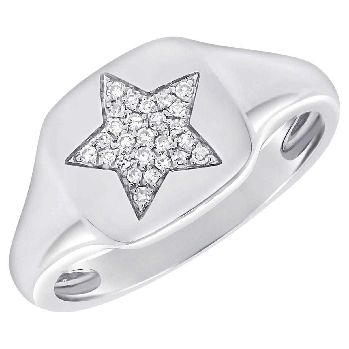14 Karat White 0.06 Carat Diamond Pave Star Pinky Signet Ring For Sale