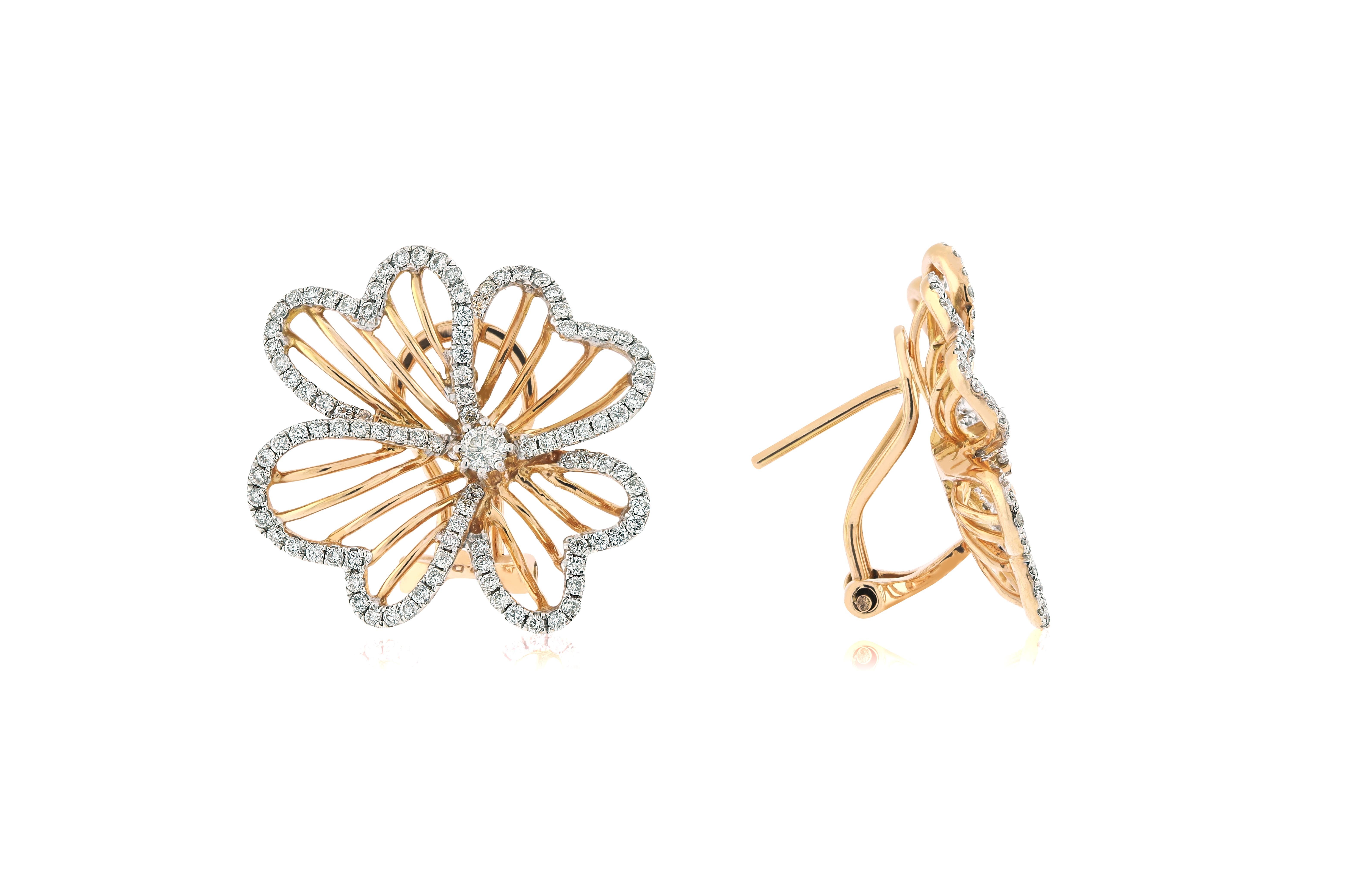 14 Karat White and Rose Gold Diamond Flower Earrings For Sale 4