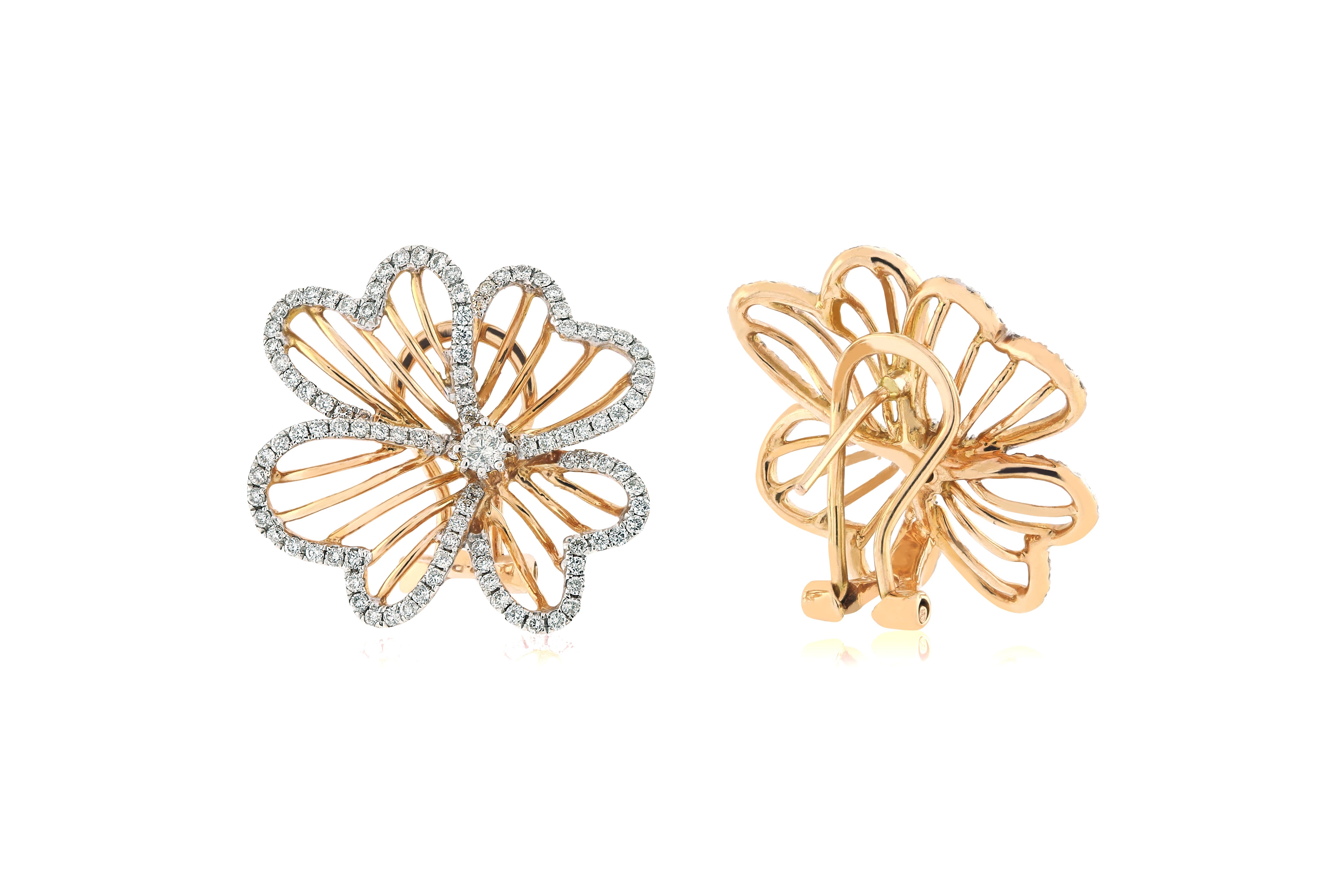 14 Karat White and Rose Gold Diamond Flower Earrings For Sale 5