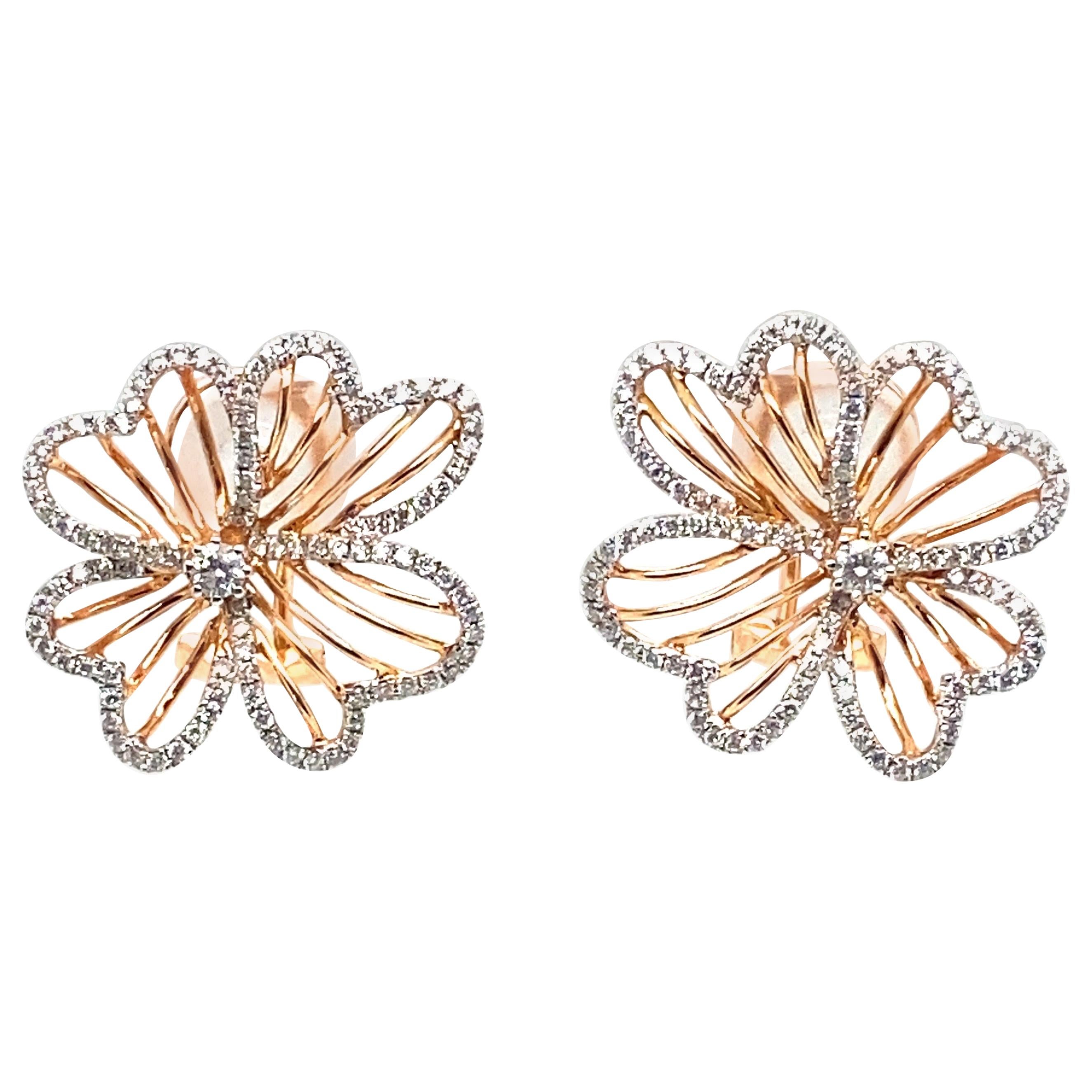 14 Karat White and Rose Gold Diamond Flower Earrings For Sale