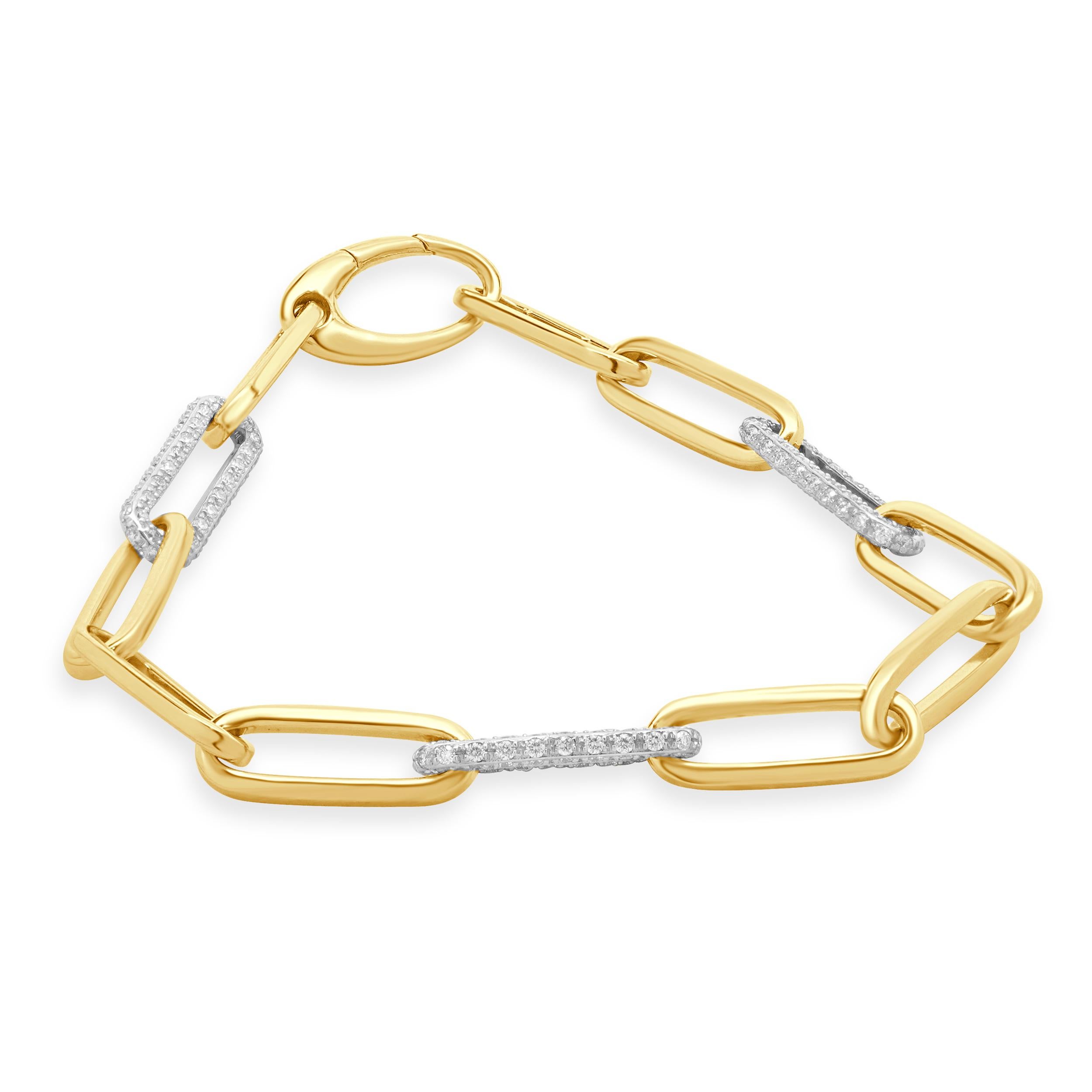 Designer: custom design
Material: 14K white & yellow gold
Diamond: 120 round brilliant cut = 1.48cttw
Color: G/H
Clarity: VS-SI1
Dimensions: bracelet will fit up to a 7-inch wrist
Weight: 9.89 grams

