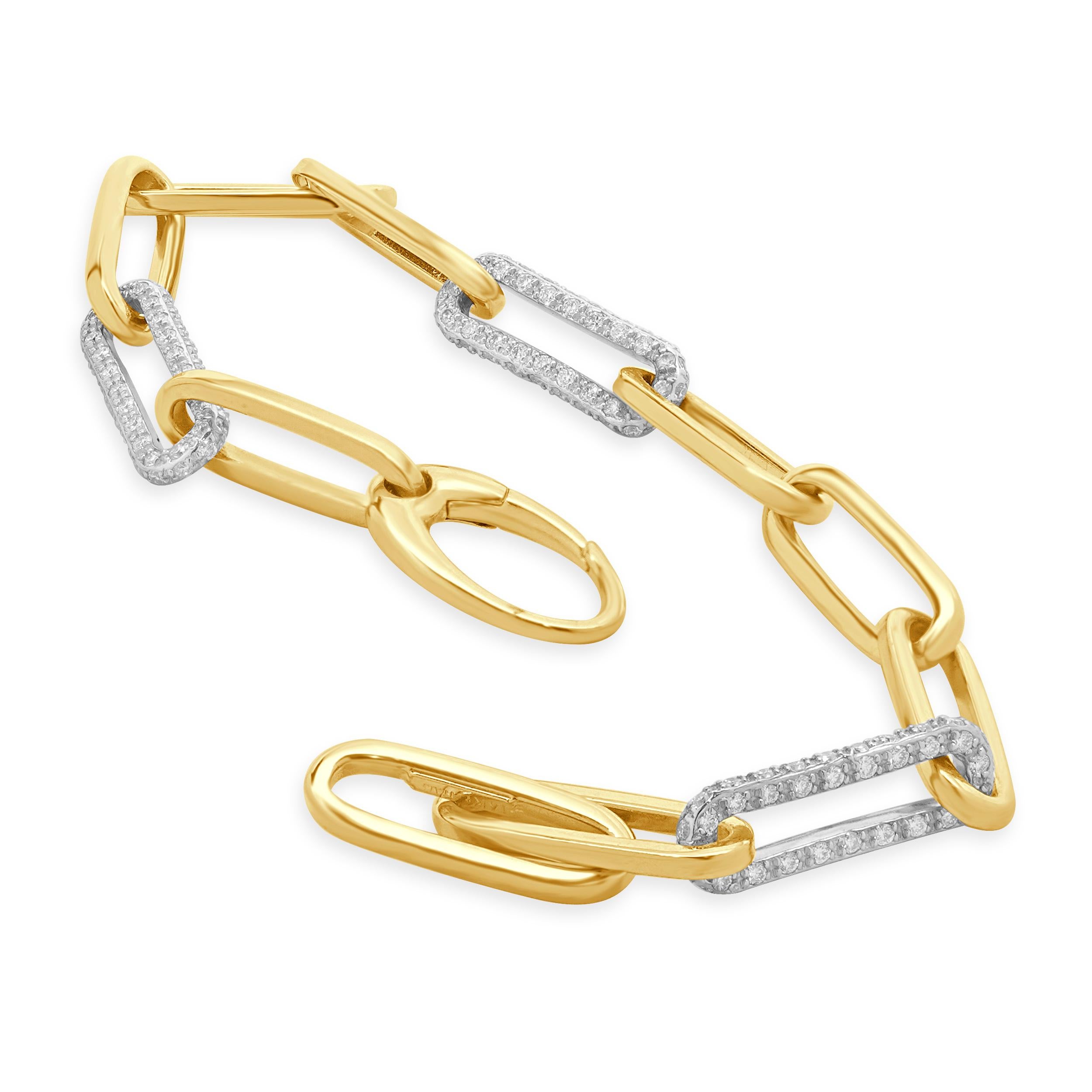 Round Cut 14 Karat White and Yellow Gold Alternating Diamond Paperclip Link Bracelet For Sale