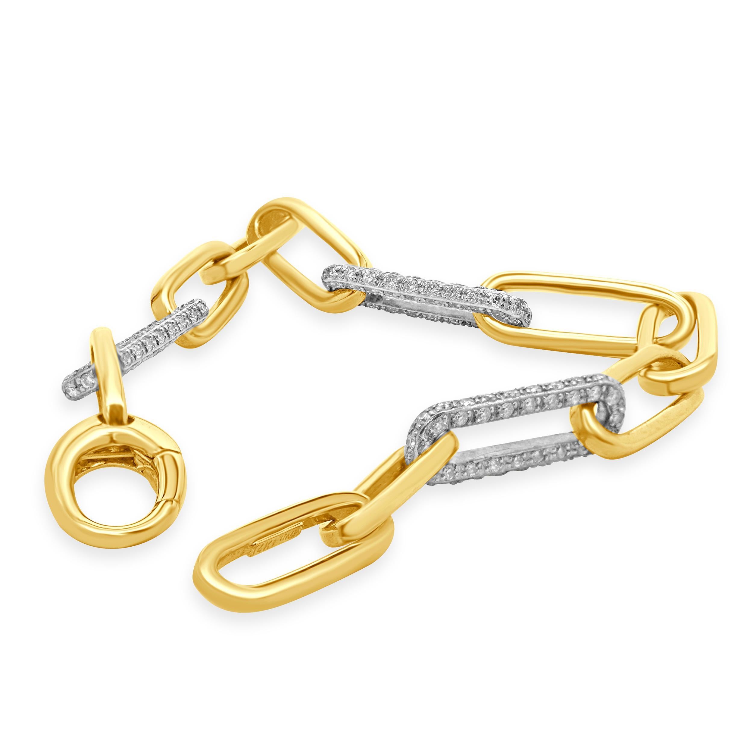 Taille ronde Bracelet à maillons en or blanc et jaune 14 carats avec diamants alternés en vente
