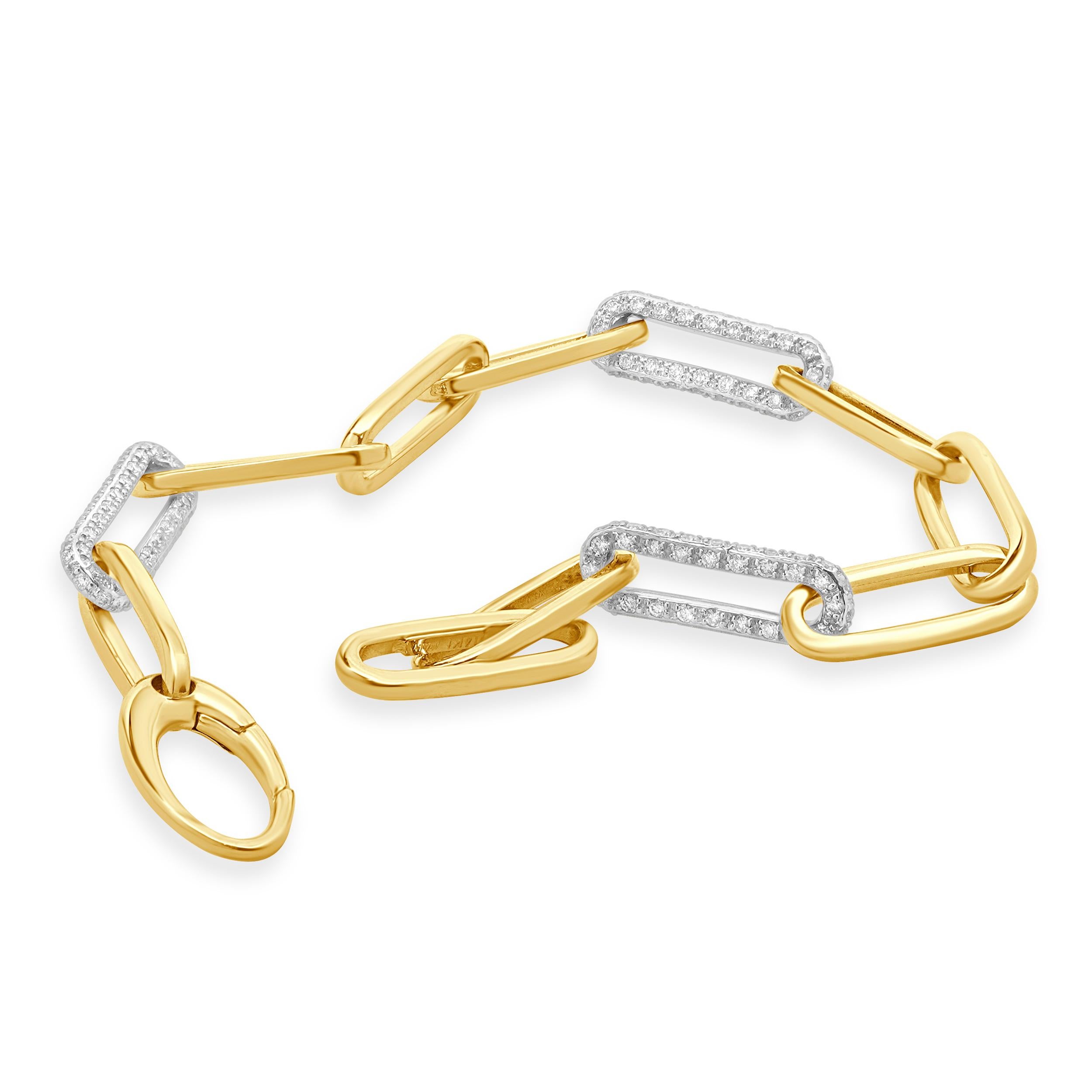 14 Karat White and Yellow Gold Alternating Diamond Paperclip Link Bracelet In Excellent Condition For Sale In Scottsdale, AZ