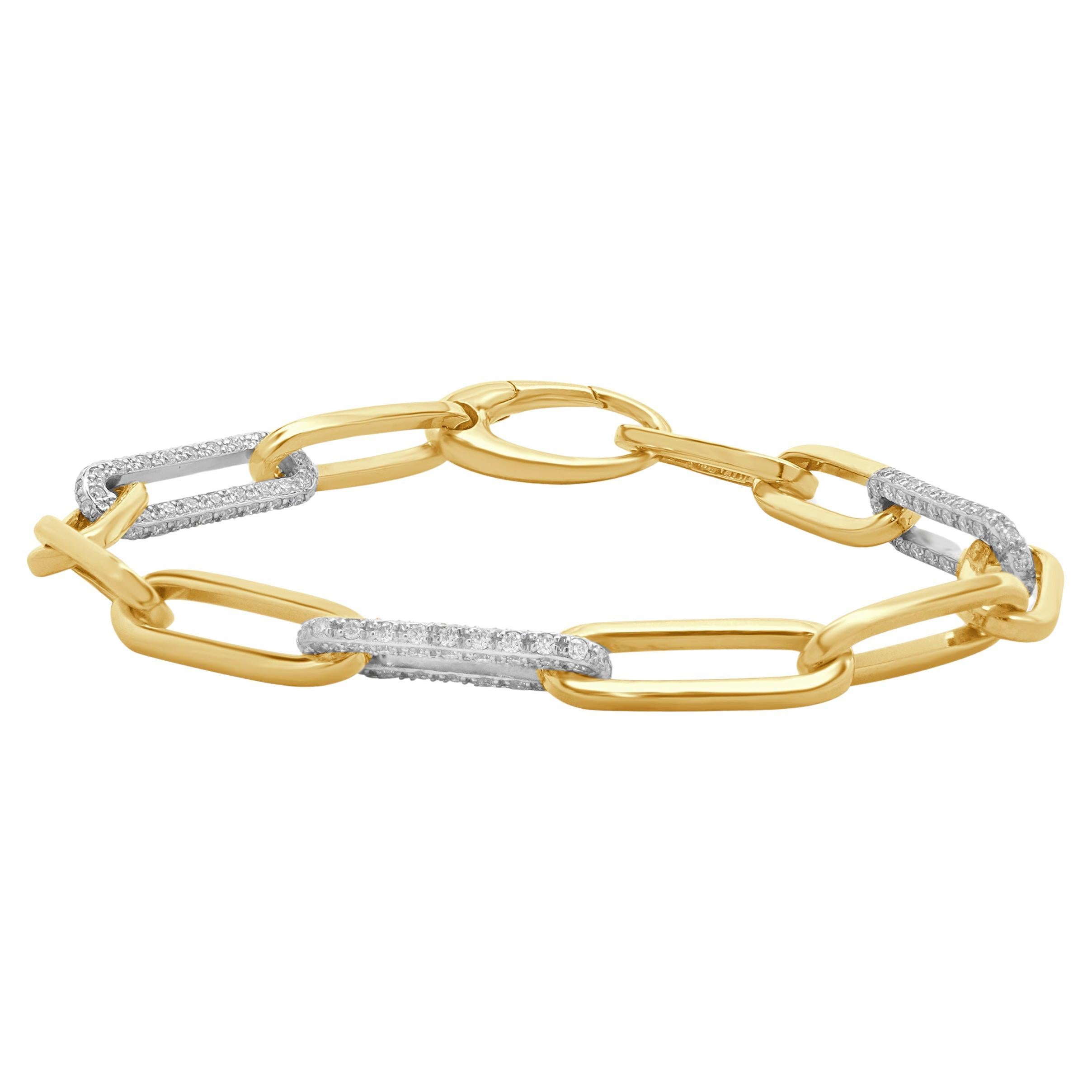 14 Karat White and Yellow Gold Alternating Diamond Paperclip Link Bracelet For Sale