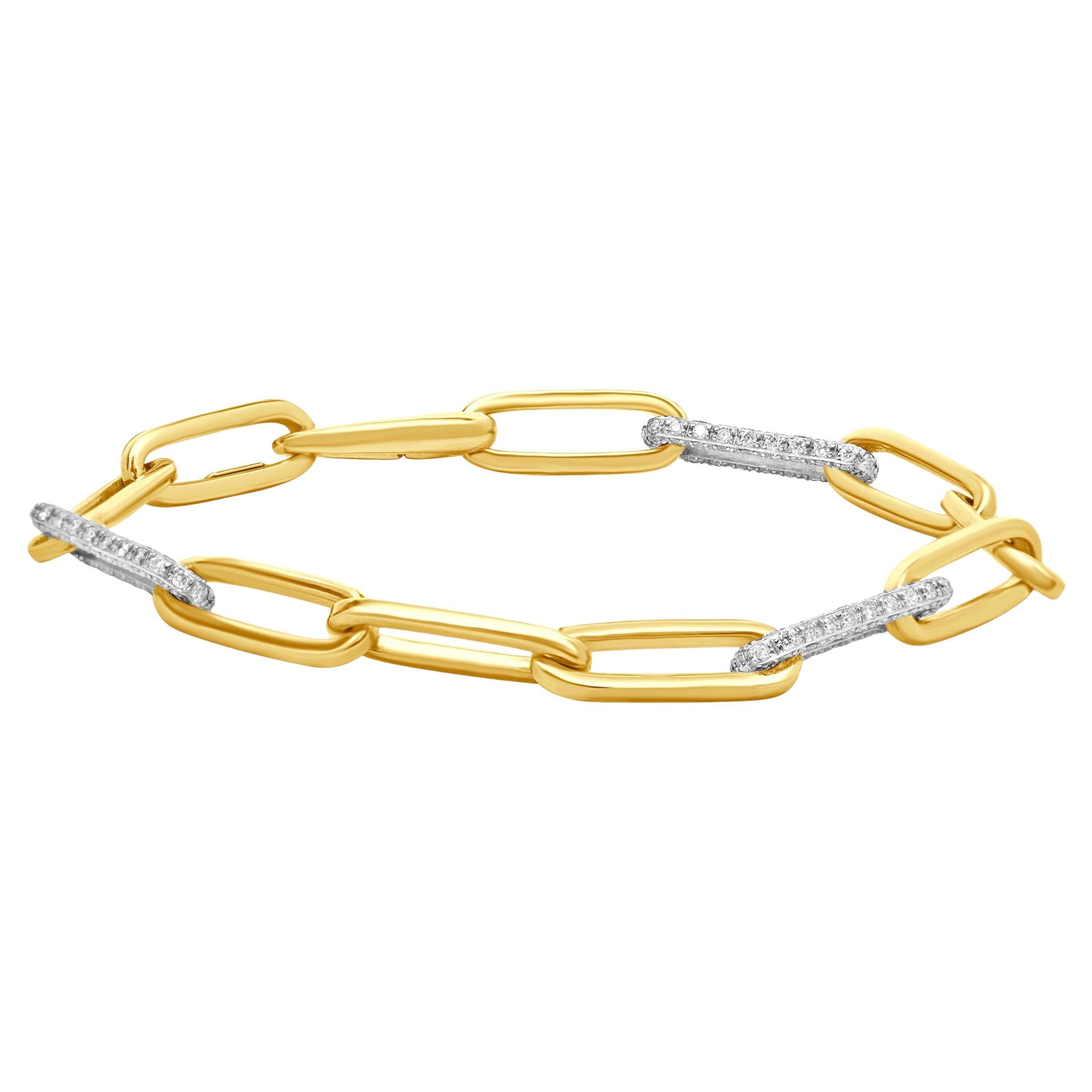14 Karat White and Yellow Gold Alternating Diamond Paperclip Link Bracelet