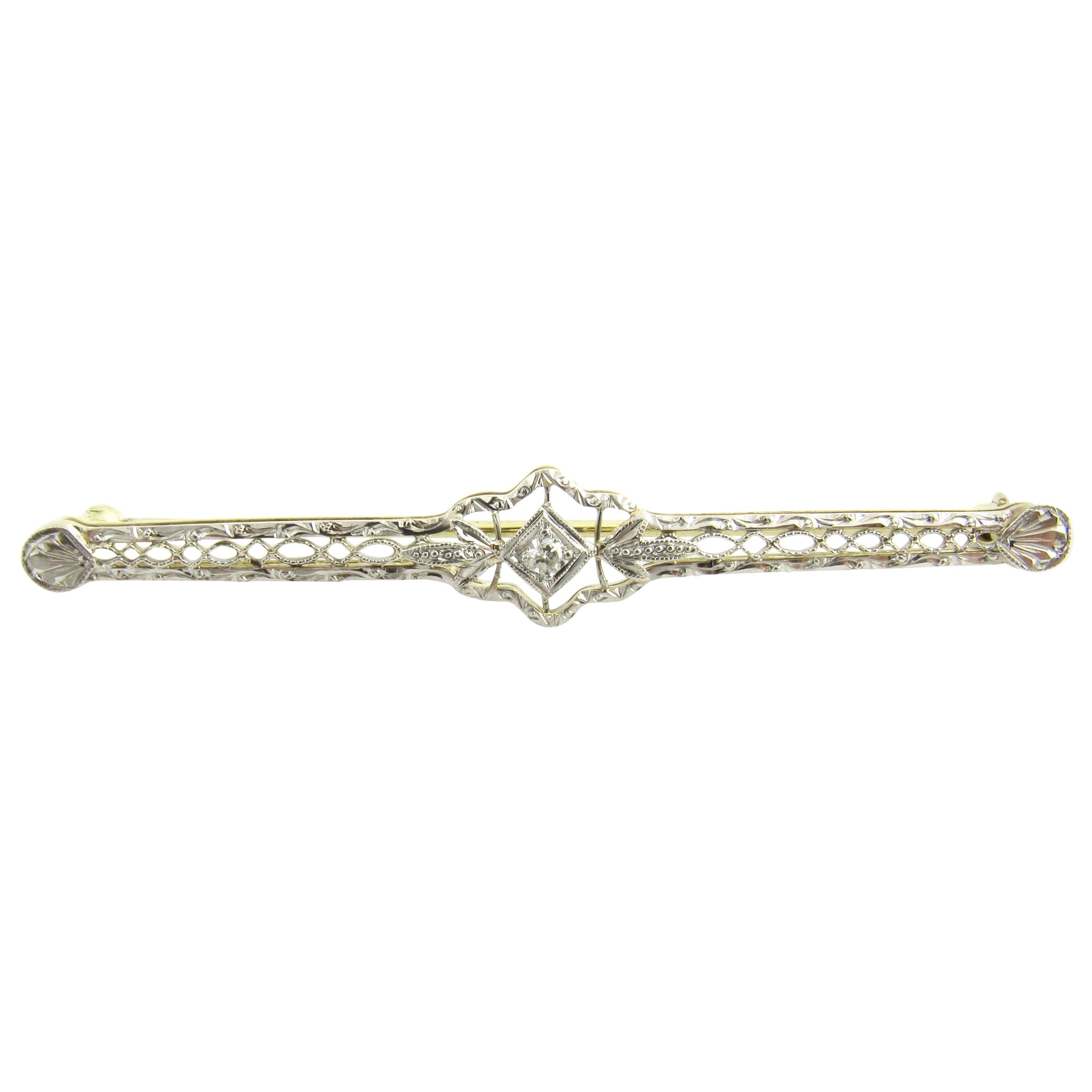 14 Karat White and Yellow Gold and Diamond Bar Pin For Sale