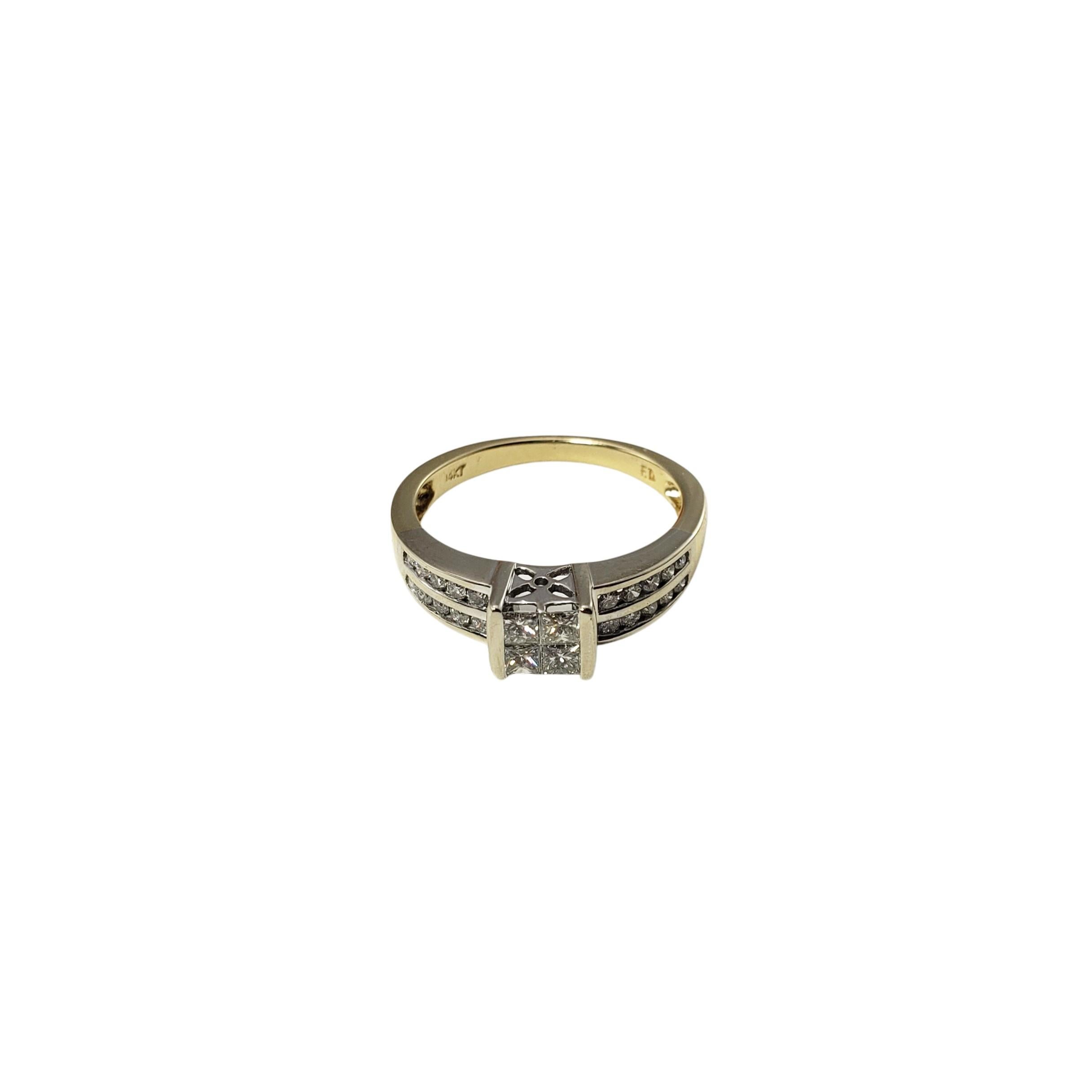 14 Karat White and Yellow Gold and Diamond Ring Size 6.75-

This sparkling ring features four princess cut diamonds and 20 round brilliant cut diamonds set in classic 14K yellow and white gold.  
Width:  5 mm.  Shank:  2 mm.

Approximate total