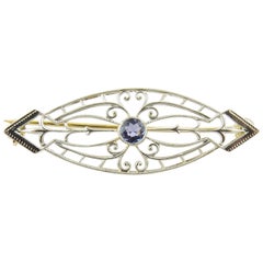 14 Karat White and Yellow Gold and Sapphire Brooch or Pin