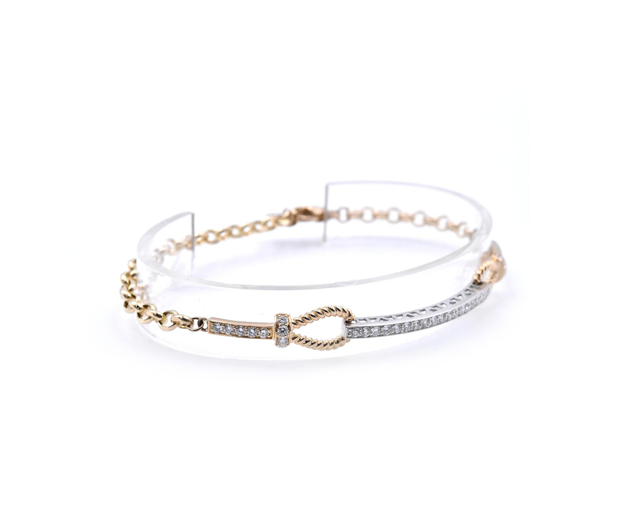 Material: 14k white and yellow gold
Diamonds: 36 round brilliant cuts = 1.00cttw
Color: G-H
Clarity: VS
Dimensions: bracelet measures 7 ½ inches in length
Weight: 7.55 grams
