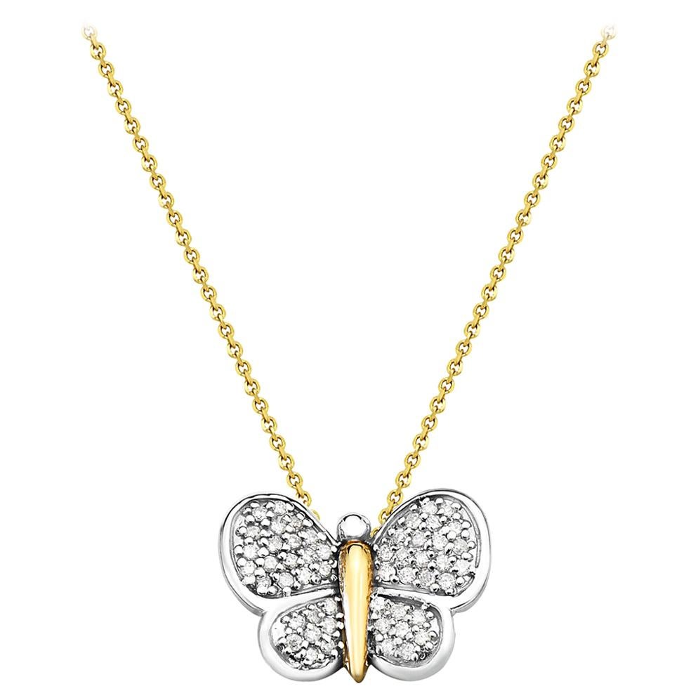 14 Karat White and Yellow Gold Diamond Butterfly Pendant Necklace