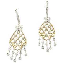 Vintage 14 Karat White and Yellow Gold Diamond Chandelier Earrings