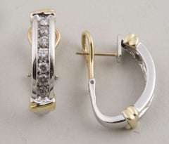 14 Karat White and Yellow Gold Diamond Hoop Earrings