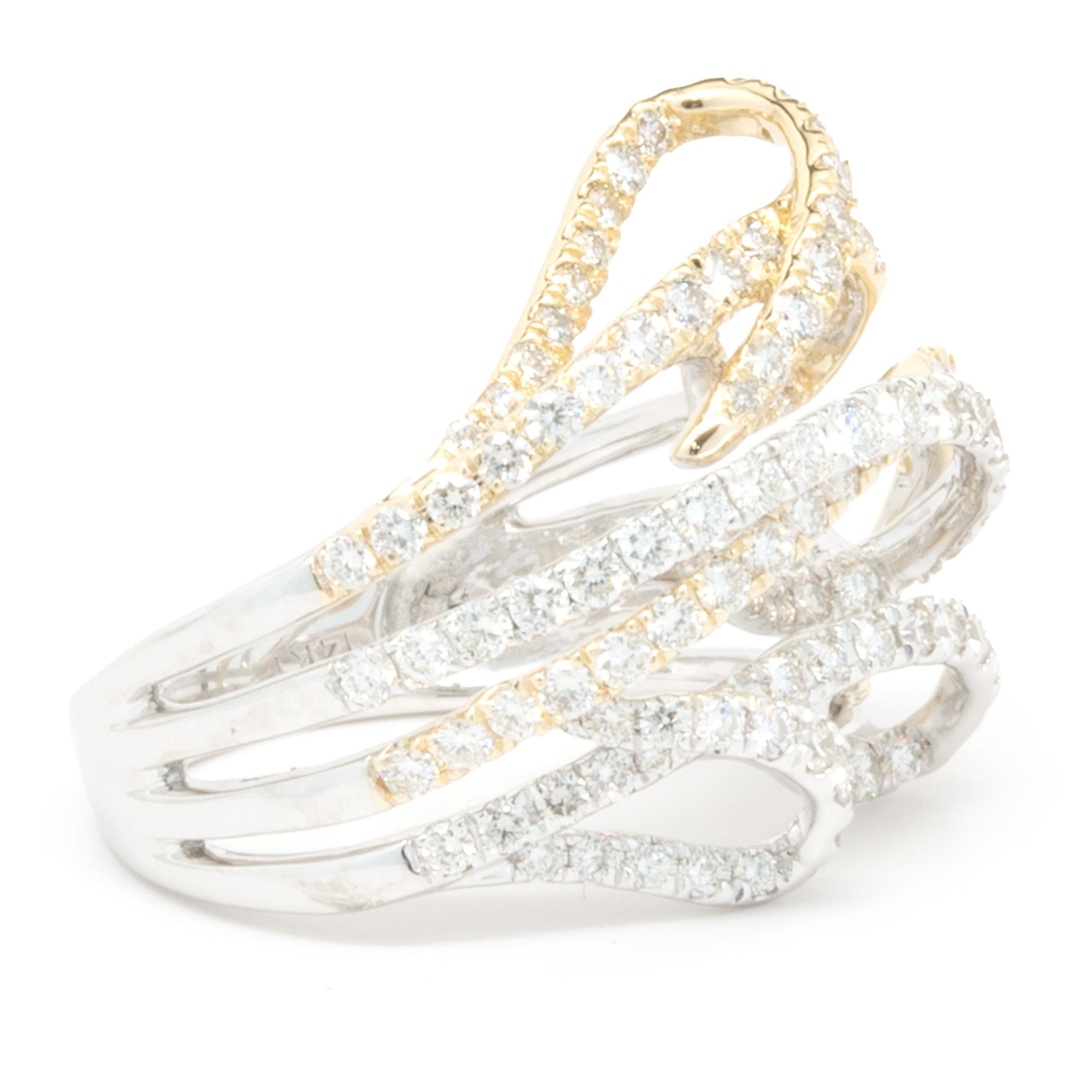 Round Cut 14 Karat White and Yellow Gold Diamond Loop Ring For Sale