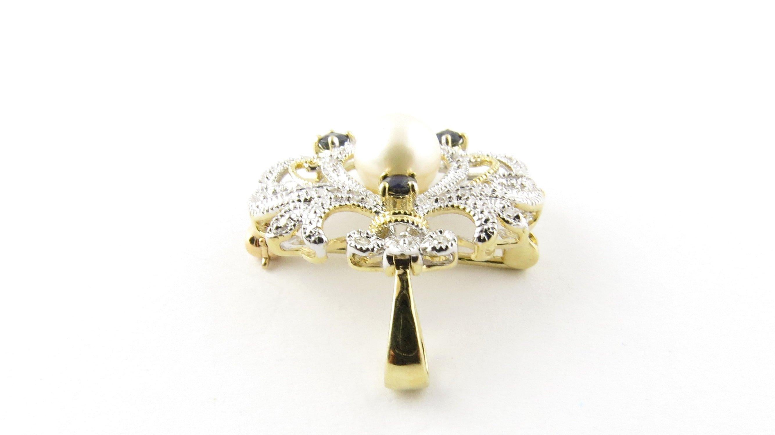 14 Karat White and Yellow Gold Diamond, Sapphire and Pearl Brooch or Pendant In Good Condition In Washington Depot, CT