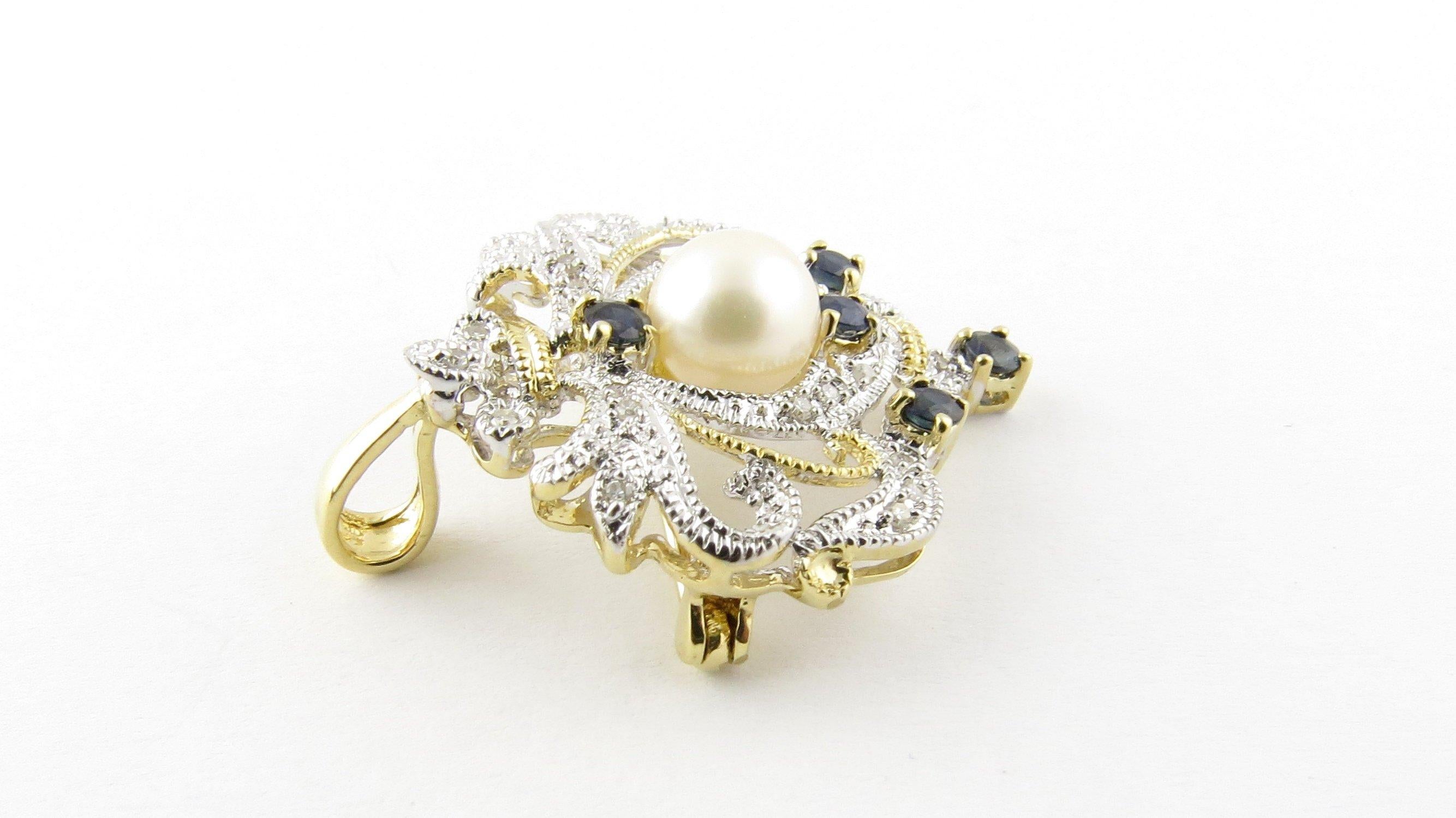 Women's 14 Karat White and Yellow Gold Diamond, Sapphire and Pearl Brooch or Pendant