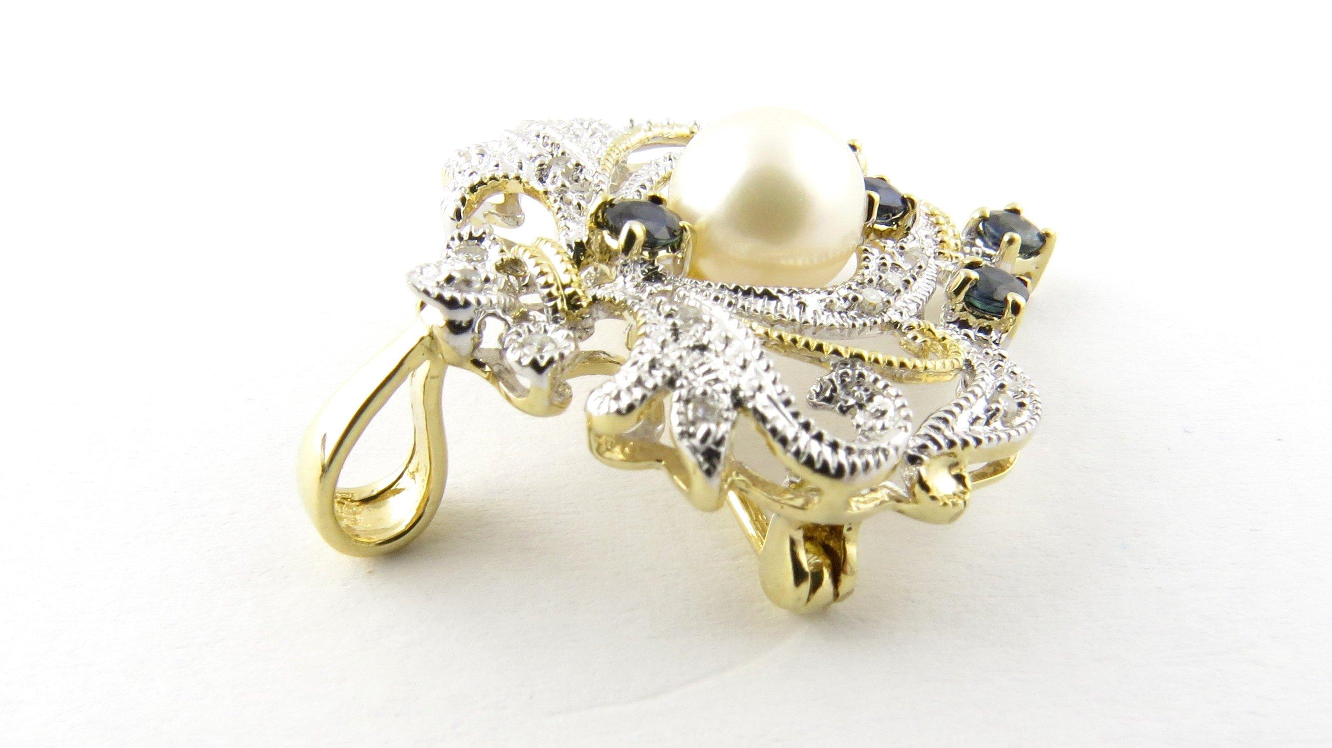 14 Karat White and Yellow Gold Diamond, Sapphire and Pearl Brooch or Pendant 1