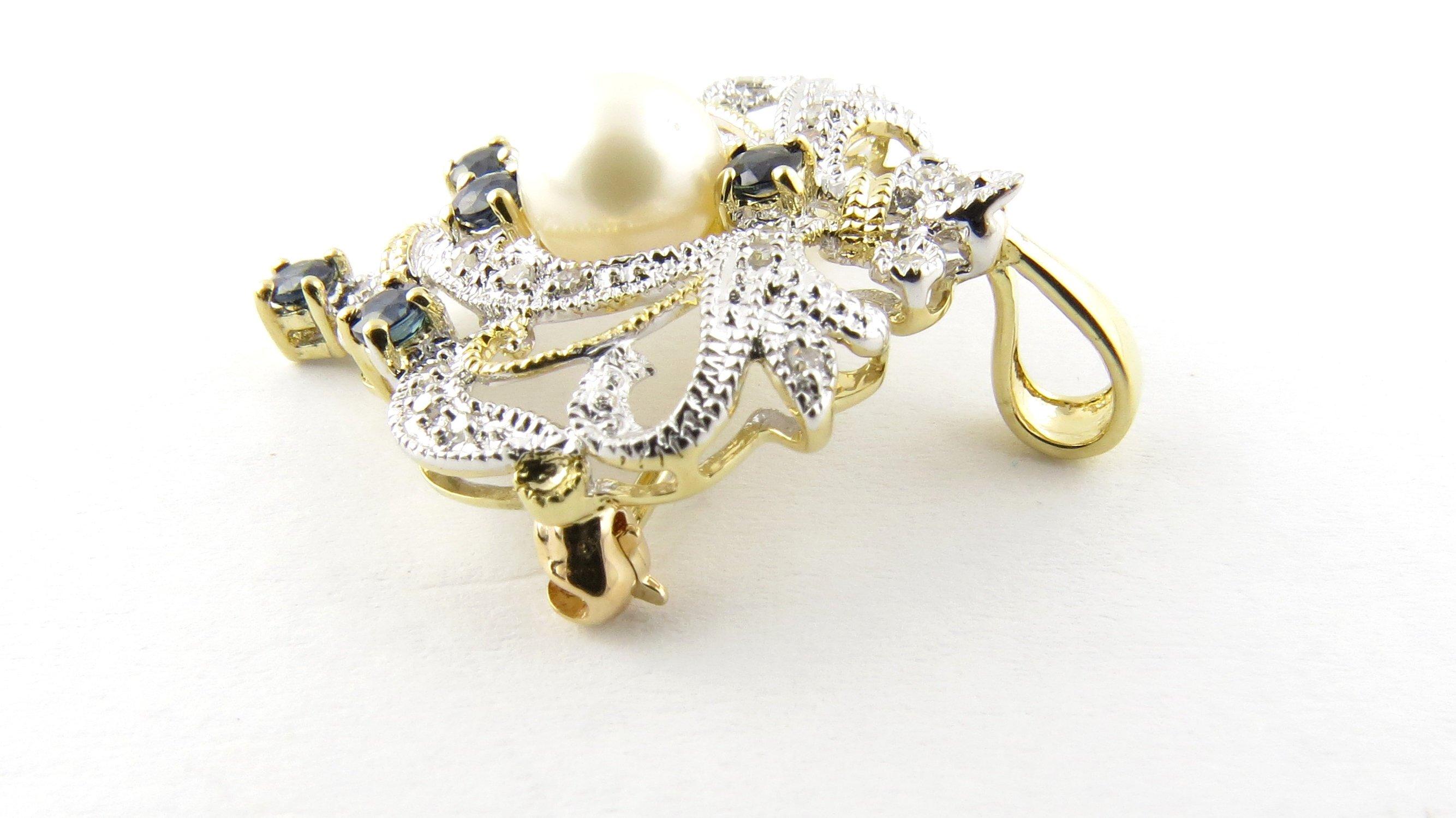 14 Karat White and Yellow Gold Diamond, Sapphire and Pearl Brooch or Pendant 2