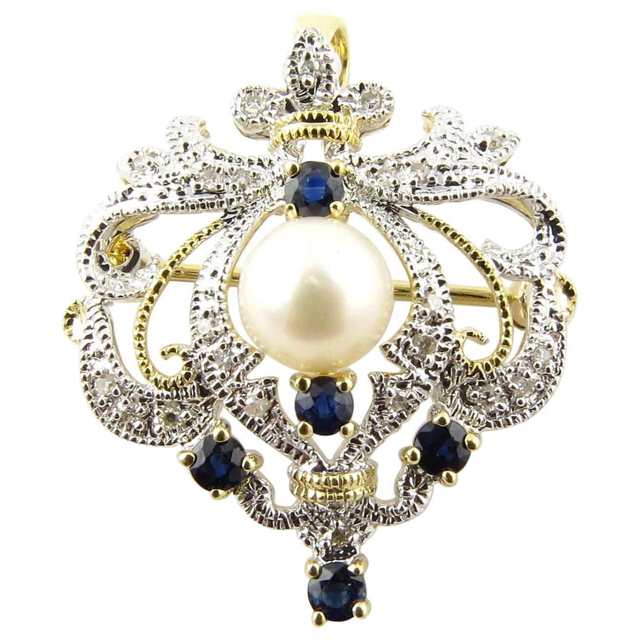 14 Karat White and Yellow Gold Diamond, Sapphire and Pearl Brooch or Pendant